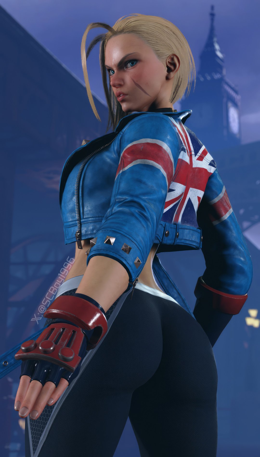 1girls, 3d, ass, big ass, black gloves, black leggings, black pants, blonde hair, blue eyes, blue jacket, cammy white, cammy white (street fighter 6), capcom, cropped jacket, female, female focus, female only, fingerless gloves, game screenshot, gauntlets, gloves, highres, huge ass, looking back, red gauntlets, screencap, screenshot, screenshotboy96, short hair, solo, street fighter, street fighter 6, tight pants, union jack, union jack print