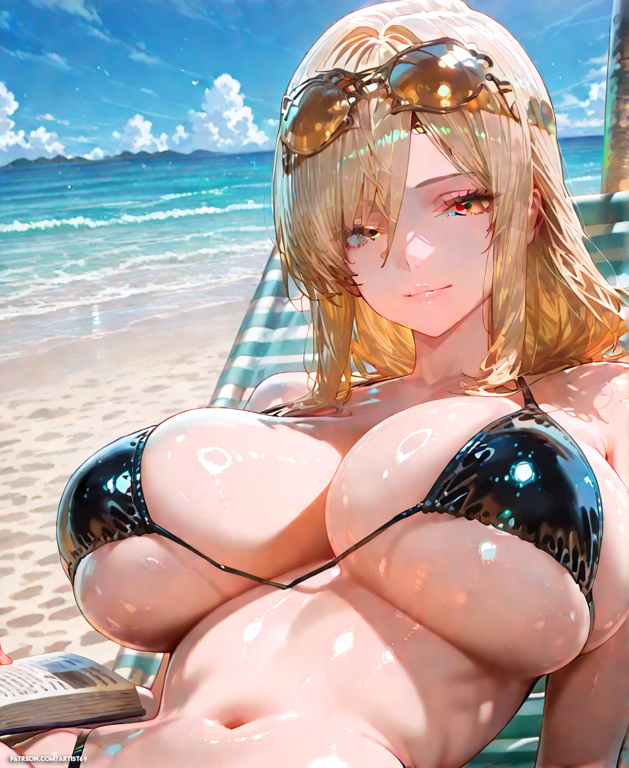 1girls, ai generated, artist69, ass, beach, big ass, big breasts, bikini, blonde female, blonde hair, blush, book, breasts, elden ring, female, female only, fromsoftware, glasses, huge ass, huge breasts, light-skinned female, long hair, patreon username, queen marika the eternal, relaxing, sitting, solo, sunbathing, sunglasses, thick thighs, wide hips, yellow eyes