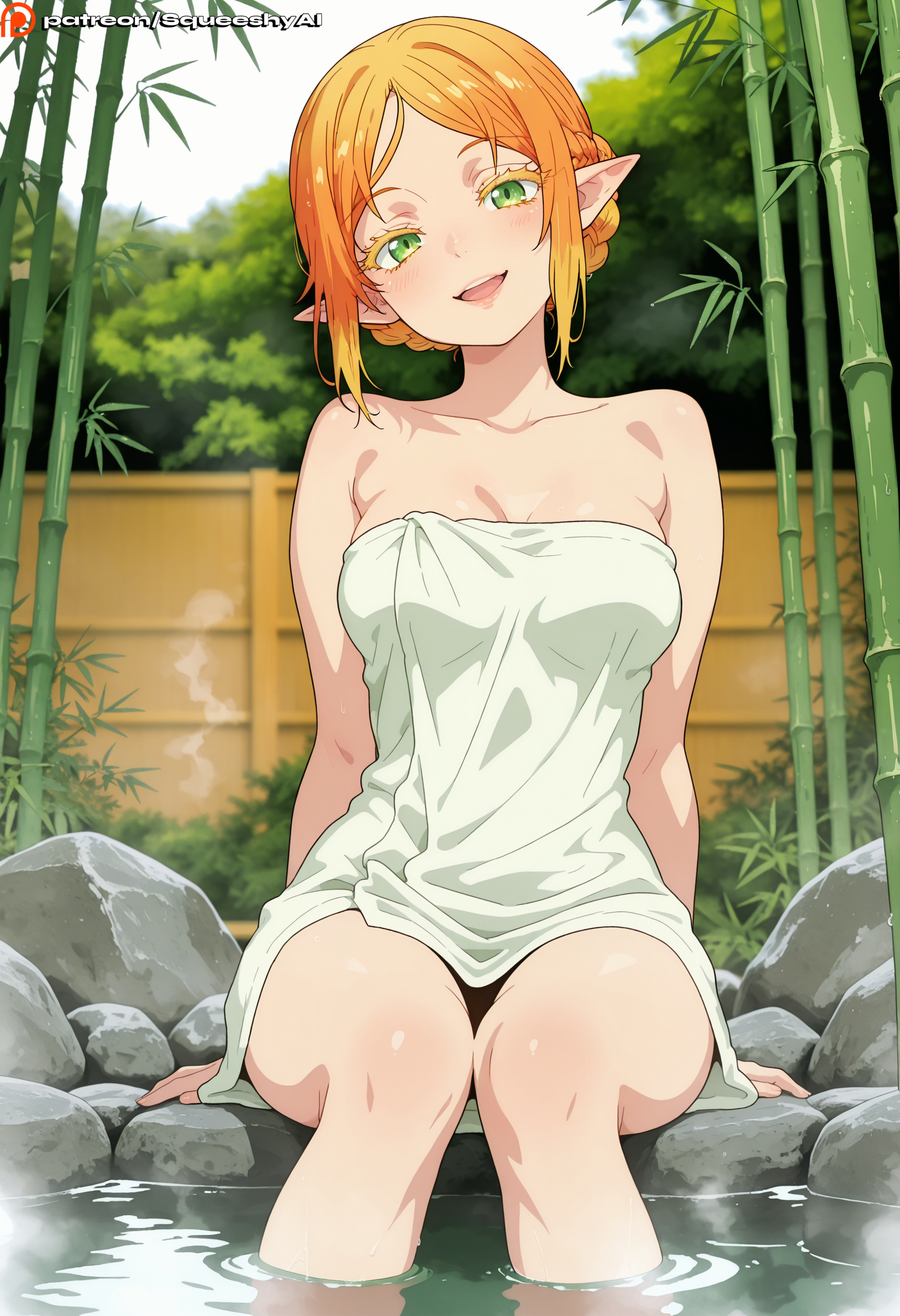 ai generated, barefoot, big ass, big breasts, breasts, bulge, cowgirl, cowgirl position, cum, cum in pussy, cum inside, curvy, deep penetration, detailed background, doggy style, elf, elf ears, elf female, elf girl, embarrassed, feet, feet focus, female, female only, fluids, green eyes, isekai ojisan, male/female, onsen, perfect ass, perfect body, perky breasts, presenting, presenting anus, presenting pussy, puffy nipples, pussy, reverse cowgirl position, short hair, shy, solo, spread pussy, squeeshyai, sui (isekai ojisan), thicc, thick, thick ass, thick thighs, thighs, vagina, vaginal penetration, yellow hair
