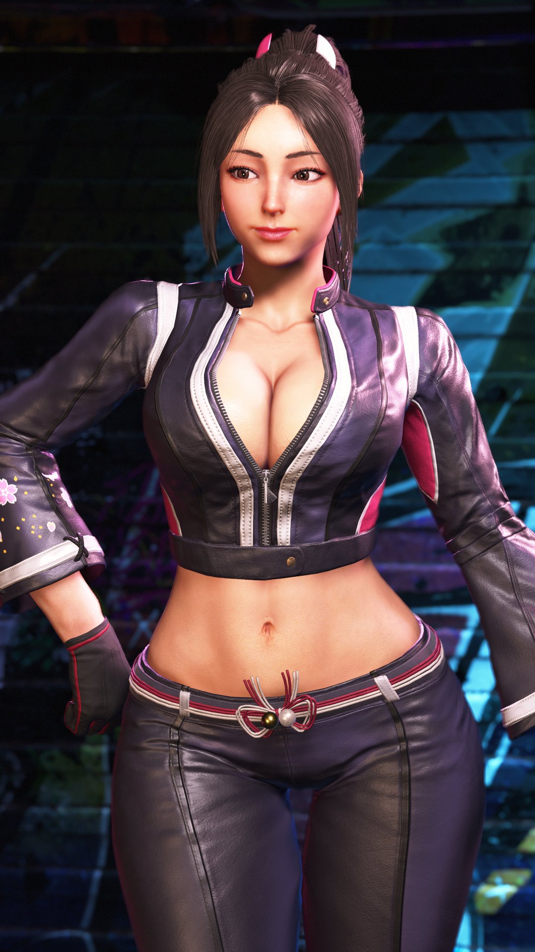 1girls, 3d, black jacket, black pants, brown eyes, brown hair, cropped jacket, fatal fury, fatal fury: city of the wolves, female, female focus, female only, game screenshot, leather jacket, leather pants, long hair, mai shiranui, mai shiranui (city of the wolves), mai shiranui (street fighter 6), midriff, navel, screencap, screenshot, sf screenshot, snk, solo, street fighter, street fighter 6
