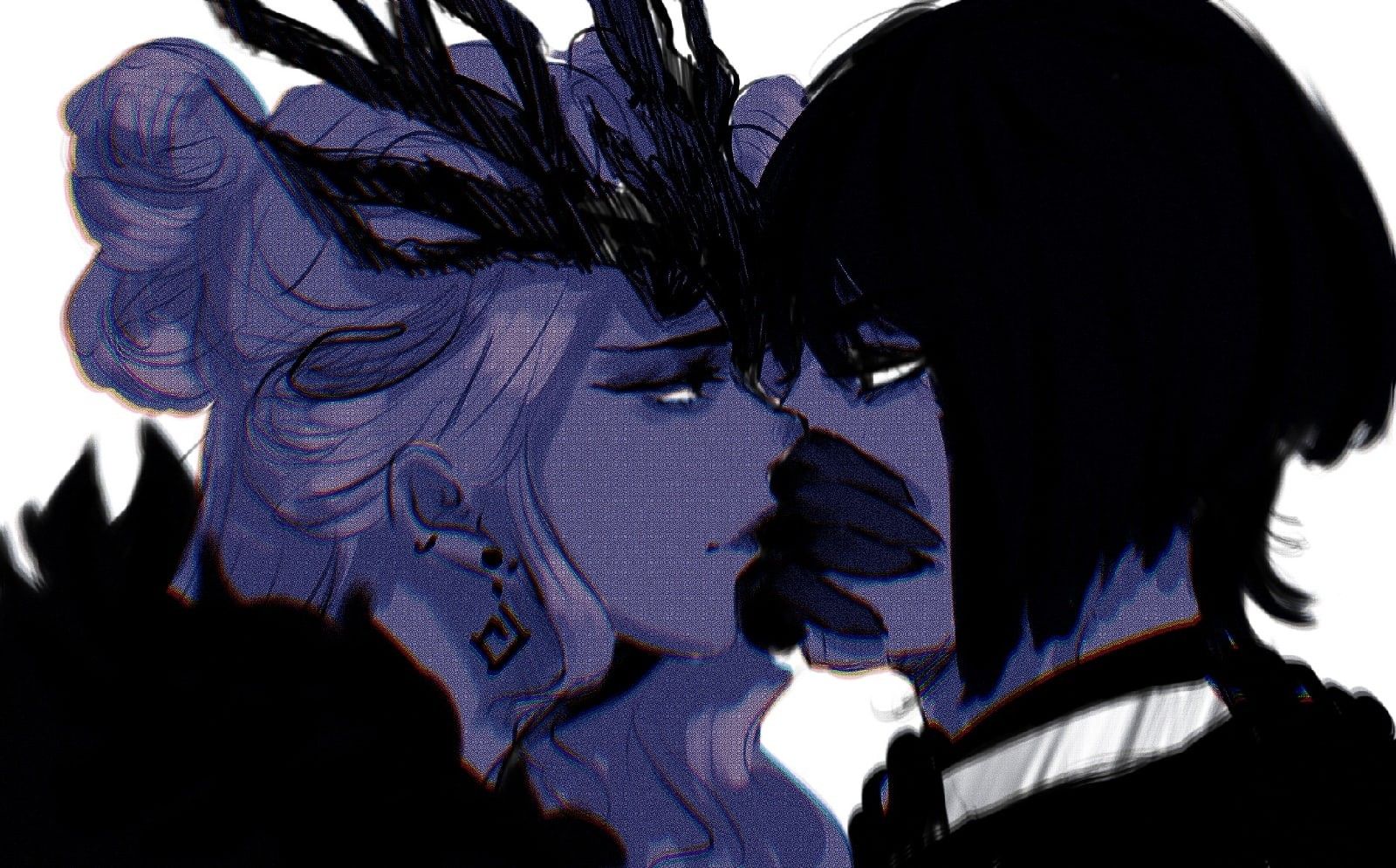 1boy, 1girls, covering mouth, eye contact, face-to-face, fatui, female, femdom, genshin impact, gloves, hand over mouth, looking at partner, male, male/female, scaramouche (genshin impact), signora (genshin impact), straight, wanderer (genshin impact)