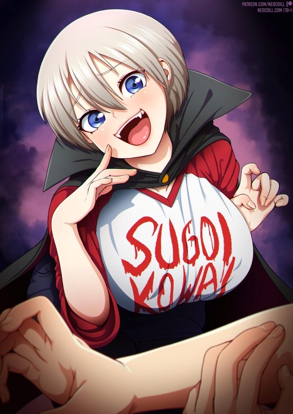 1boy, 1girls, breasts, cute, fangs, female, halloween, halloween costume, happy, large breasts, male, neocoill, sakurai shinichi, short hair, uzaki hana, uzaki-chan wa asobitai!, vampire