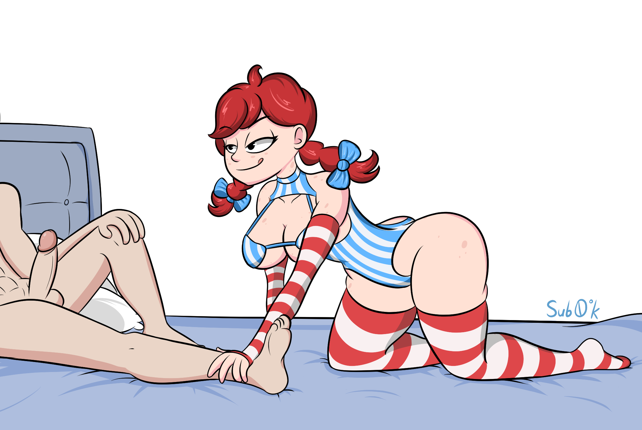 2020, bedroom eyes, breasts, elbow gloves, female, freckles, hand on leg, male, mascot, on bed, penis, pillow, red hair, ribbon, simple background, subzerokelvin, tagme, thigh socks, wendy thomas, wendy's