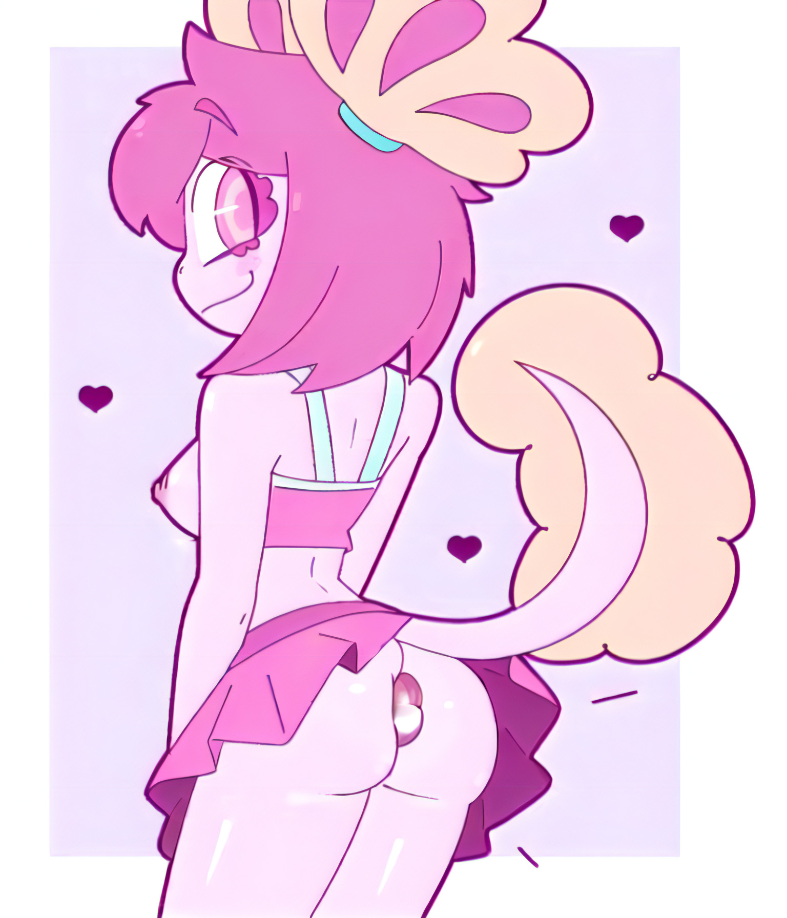 anthro, anus, ass, axolotl, back view, bra, breasts, clothed, cum in anus, exposed breasts, female, female only, heart symbol, long tail, mandoy1o1, nipples, pink body, pink eyes, pink hair, skirt, vitzy (vitzypie)