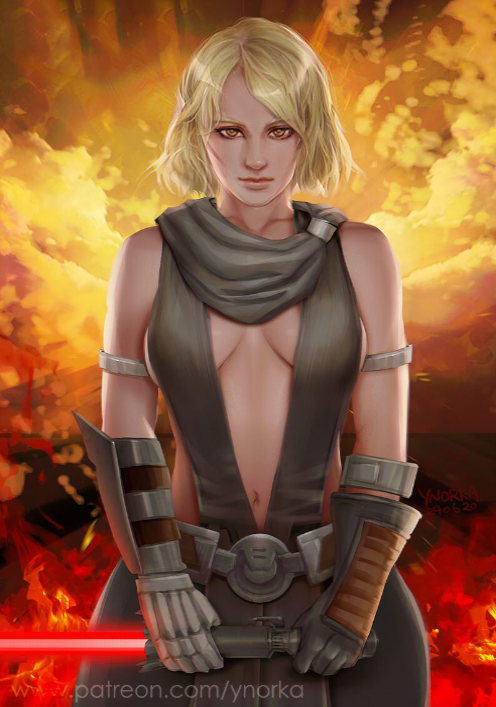 1girls 2020 big_breasts bioware blonde_hair boobs breasts female female_only fire gloves lana_beniko lightsaber lucasfilm outdoors red_lightsaber sith sith_eyes solo solo_female star_wars star_wars:_the_old_republic star_wars_legends weapon yellow_eyes ynorka