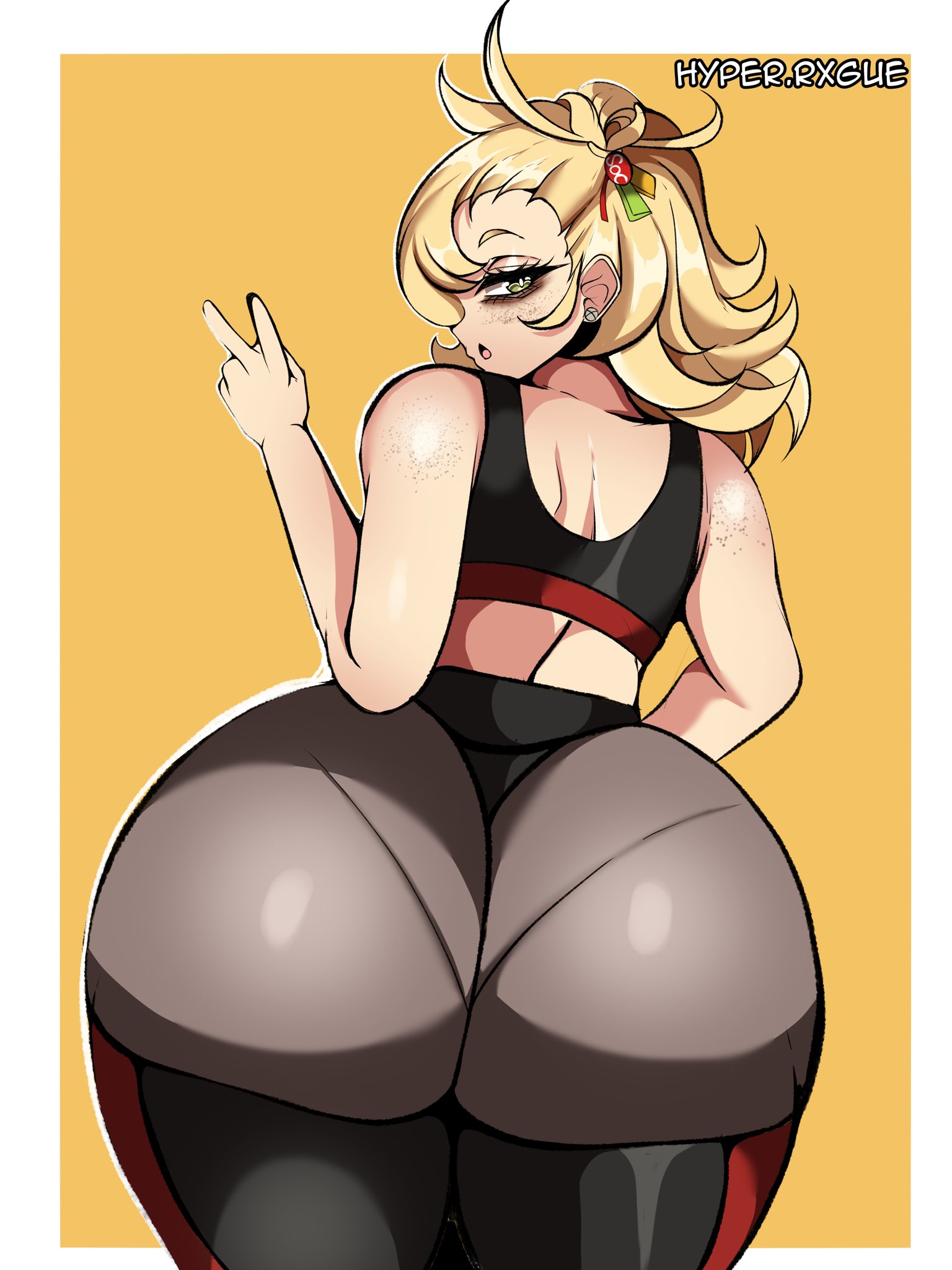 1girls, 3:4, ass, ass bigger than head, ass body, ass focus, big ass, blonde hair, female, female focus, female only, huge ass, hyperrxgue, large ass, light skin, light-skinned female, looking at viewer, looking back, medium hair, pantylines, piper wheel, solo, sports bra, thick thighs, thighs, v, yoga pants, zenless zone zero