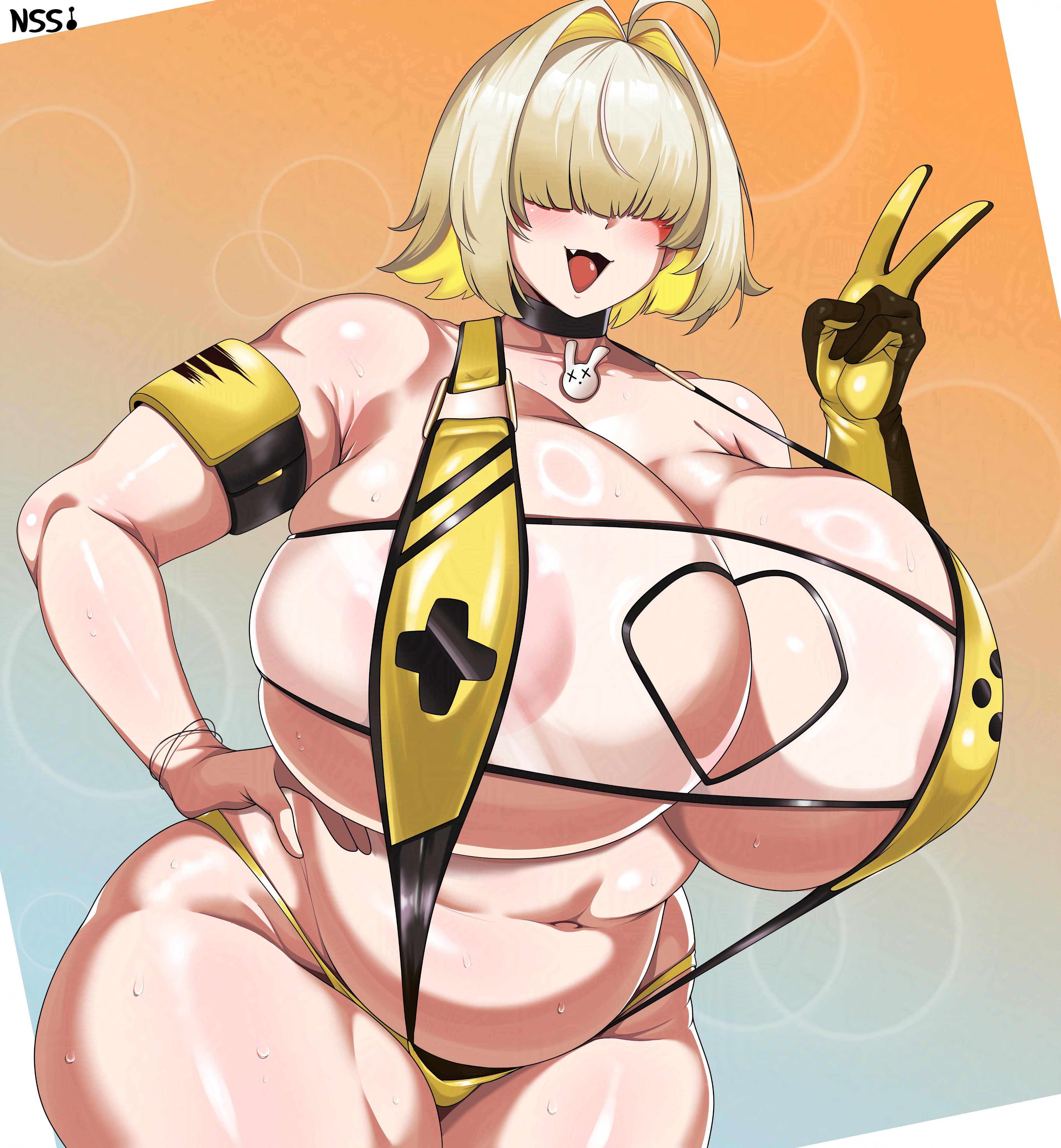 1girls, absurd res, accessory, areola slip, bare shoulders, belly, big breasts, blonde hair, blush, breasts, breasts bigger than head, busty, choker, chubby, chubby female, curvaceous, curvy, curvy female, curvy figure, digital media (artwork), elegg (boom and shock) (nikke), elegg (nikke), female, female focus, female only, gigantic breasts, gloves, goddess of victory: nikke, hair over eyes, hand on hip, hand on own hip, hi res, hourglass figure, huge breasts, light skin, light-skinned female, motion lines, nipple bulge, peace sign, plump, single glove, slingshot swimsuit, sweat, sweatdrop, sweating, sweaty, thick thighs, twitter link, v sign, video games, voluptuous, voluptuous female, wide hips, wirberlwind