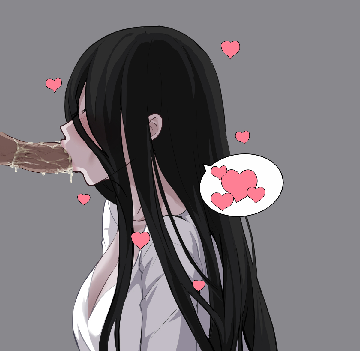 1boy, 1girls, blowjob, breasts, cum, cum in mouth, dark hair, deepthroat mark, eyes covered, fellatio, female, ghost, ghost girl, heart, human, male, male human/female ghost, oral, penis, saliva, saliva trail, spooky, the ring, white skin, yamamura sadako