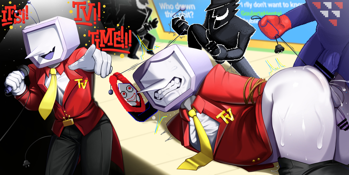antennae (anatomy), crying, cum, deltarune, gangbang, goulartehentai, male, penetration, penis, pippins (deltarune), public, rape, raped, robot, screen face, shadowguy (deltarune), tagme, tail, tenna (deltarune), yaoi