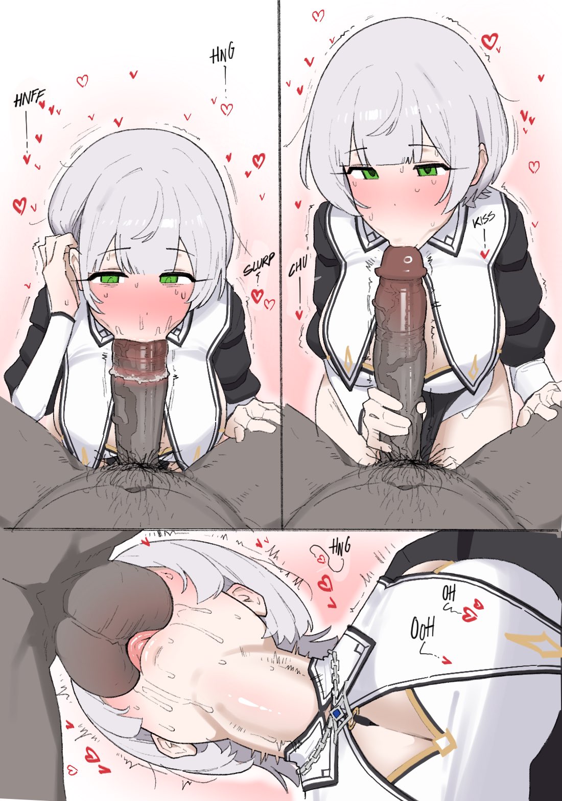:>=, 1boy, 1girls, 3koma, all the way to the base, balls, ballsurfing, big penis, big penis adoration, blowjob, blowjob face, blush, breasts, clothed, dark skin, dark-skinned male, deepthroat, fellatio, female, female focus, fried bocky, gray hair, green eyes, heart, hololive, hololive fantasy, hololive gen 3, hololive japan, huge cock, interracial, kissing, kissing penis, kissing penis tip, kissing tip, large breasts, large penis, licking balls, licking penis, light skin, light-skinned female, looking at penis, male, no hat, nun, nun outfit, nun's habit, penis, pov, shirogane noel, size queen, spoken heart, sweat, sweatdrop, sweating, sword swallowing position, tagme, throat bulge, tongue out blowjob, veiny penis, virtual youtuber