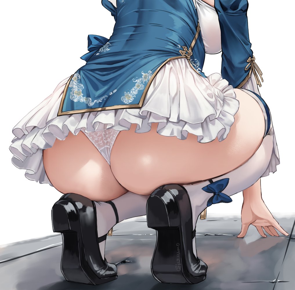 1girls, ass, ass focus, ayamo kaoru, black shoes, blue dress, breasts, commentary, dress, female, framed breasts, frilled skirt, frills, from behind, gold trim, lace, lace panties, lower body, mary janes, miniskirt, original, panties, shoes, short dress, simple background, skirt, solo, squatting, thighhighs, underwear, white background, white panties, white skirt, white thighhighs