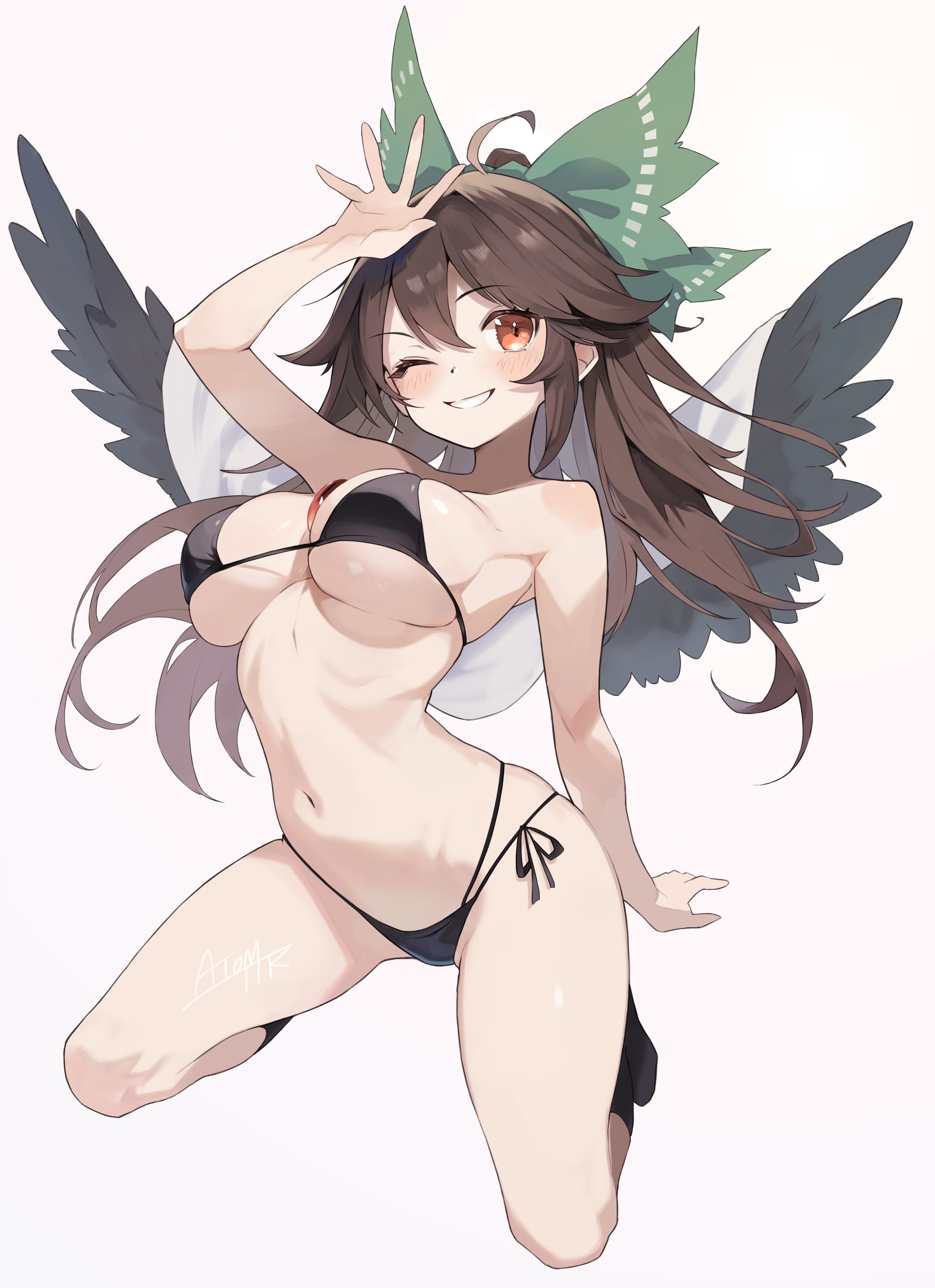 arm at side, bikini, blush, breasts, female, hand on head, highleg bikini, kneeling, large breasts, legs apart, one eye closed, posing, reiuji utsuho, smile, socks, tetsurou (fe+), touhou, utsuho reiuji