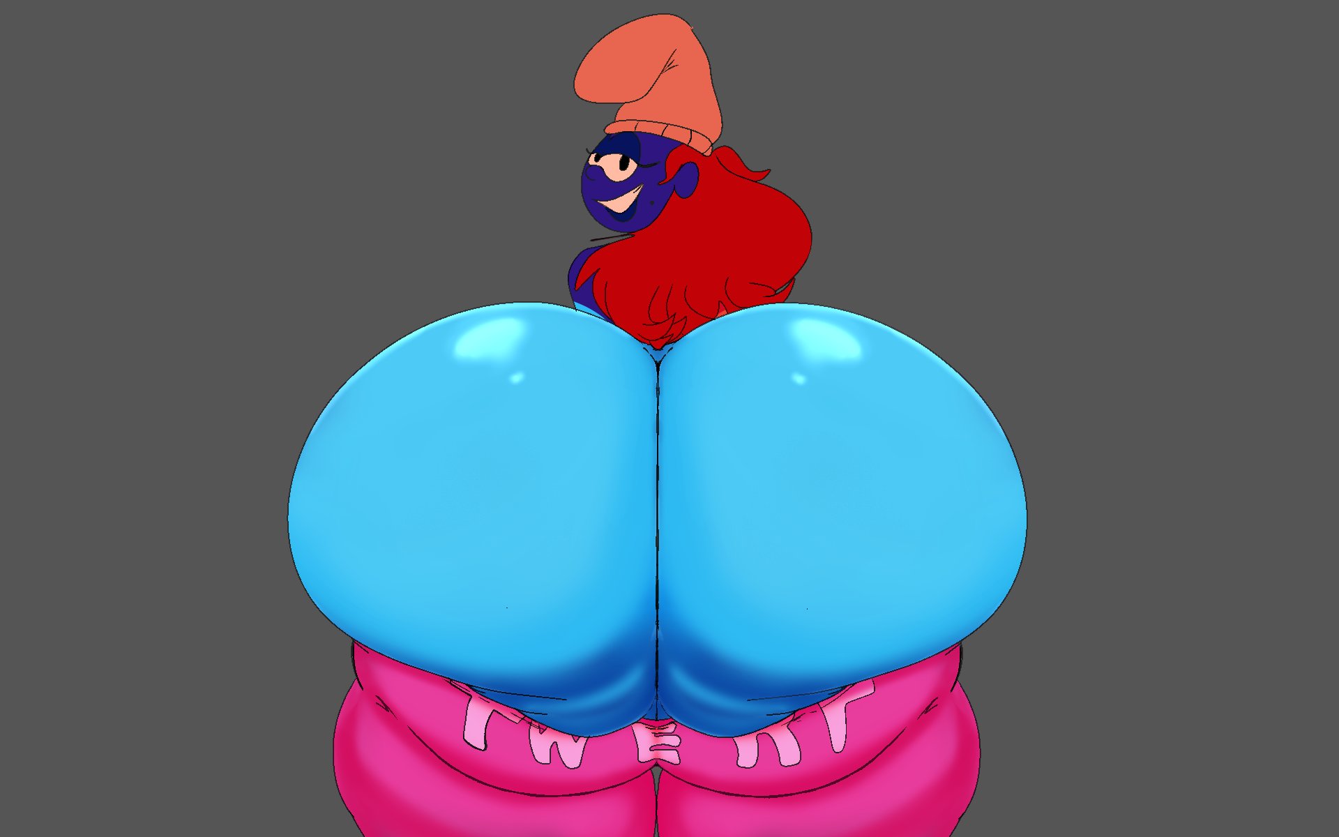 1girls, 2025, ass, ass focus, beauty mark, big ass, big butt, black eyes, blue body, blue skin, bubble ass, bubble butt, female, illis, looking at viewer, looking back, looking back at viewer, mole, orange hair, scobionicle99, simple background, smurfs, tagme, twerky smurf (twurf), twitter username