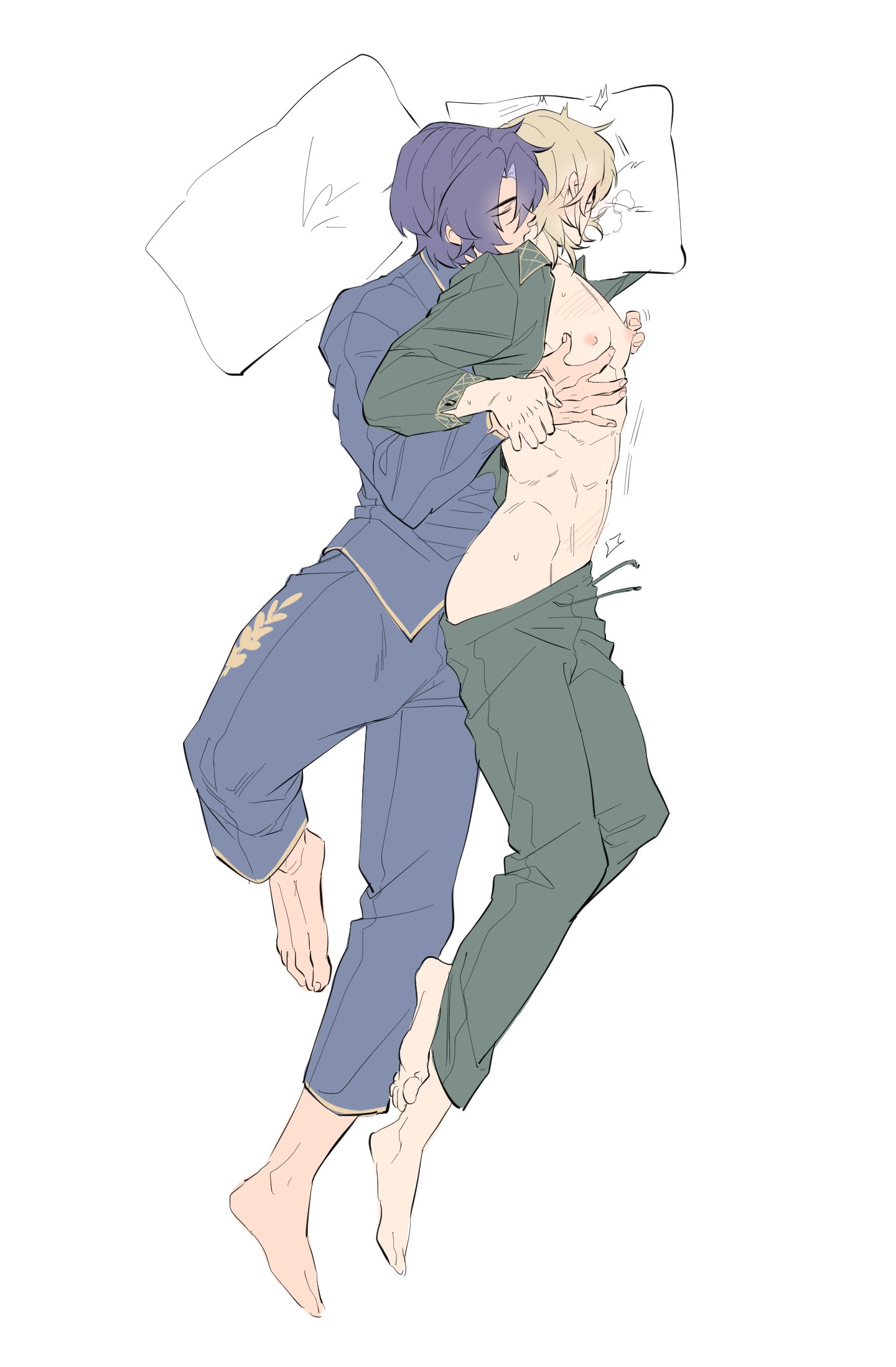 2boys, anal, anal sex, aventurine (honkai: star rail), dr. ratio (honkai: star rail), gay, honkai: star rail, kissing neck, male, male only, nipple tweak, on bed, sideways, yaoi