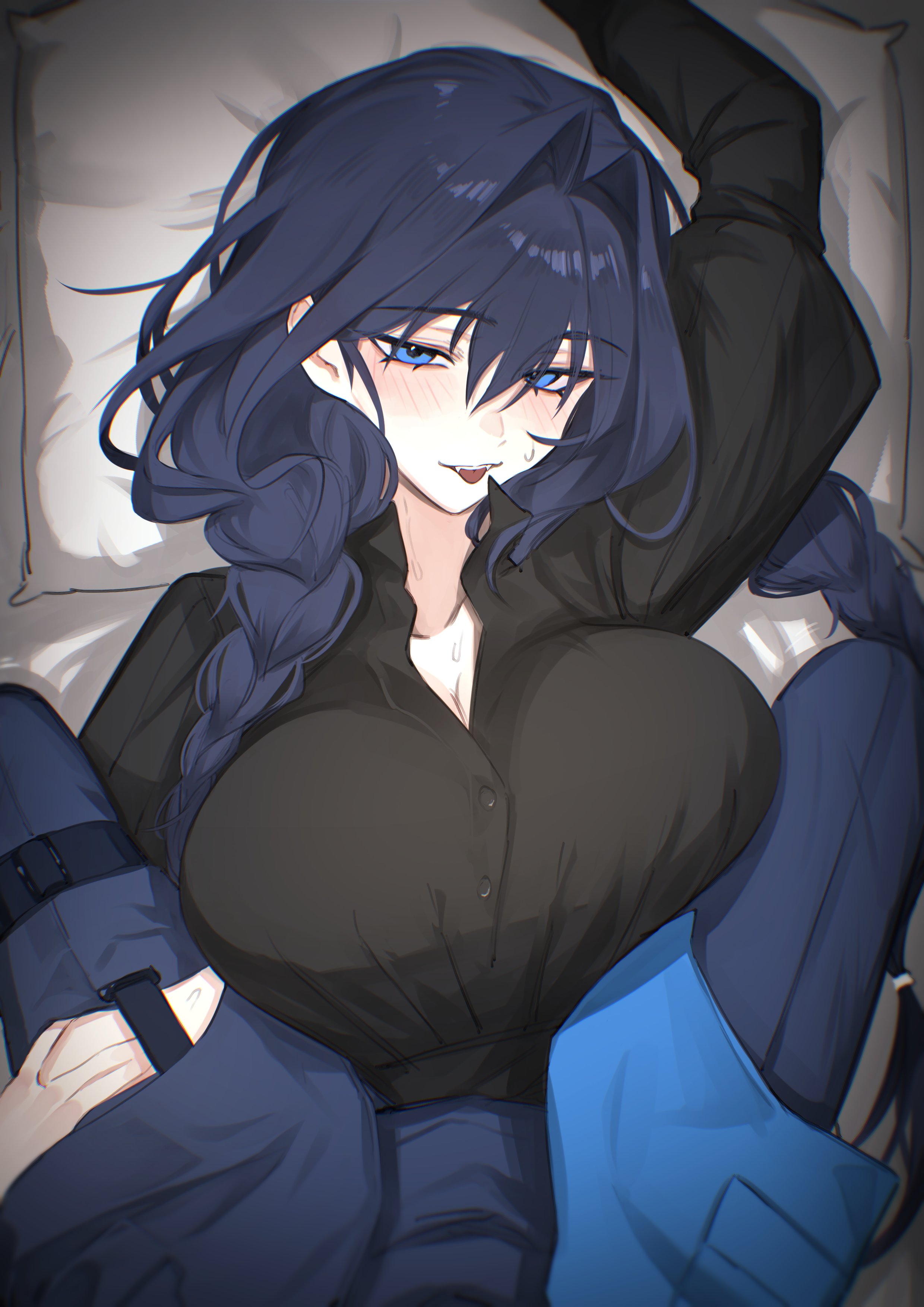 :p, 1girls, 1other, 2026, 2d, 2d (artwork), absurdres, big breasts, blue eyes, blue hair, blue jacket, blue pants, blush, boobs, braid, breasts, clothed, clothing, color, colored, digital media (artwork), dual persona, fangs, female, female only, from above, fully clothed, hair between eyes, hair intakes, half-closed eyes, hi res, highres, hololive, hololive english, hololive english -council-, hololive english -promise-, hunk 404, jacket, juliet sleeves, large breasts, light blush, light skin, light-skinned female, long hair, long sleeves, looking at viewer, low twin braids, lying, naughty face, official alternate costume, on back, one arm up, ouro kronii, ouro kronii (4th costume), ouro kronii (maid), pants, pillow, point of view, pov, puffy sleeves, selfcest, sitting, sitting on person, solo focus, sweat, sweatdrop, tits, tongue, tongue out, twin braids, upper body, virtual youtuber, vtuber