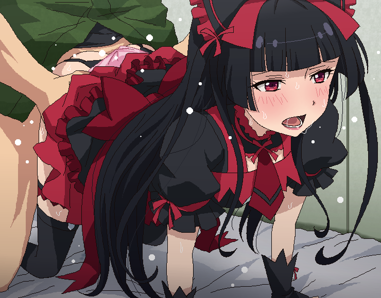 1boy all_fours ascot bangs black_gloves black_hair black_legwear blunt_bangs blush clothed_sex commentary_request doggy_style female fingerless_gloves garter_belt gate_-_jieitai_ka_no_chi_nite_kaku_tatakaeri gloves gothic_lolita itami_youji lolita_fashion long_hair male open_mouth panties panties_aside pink_panties puffy_short_sleeves puffy_sleeves red_eyes red_neckwear red_skirt revision rory_mercury saliva sex sex_from_behind short_sleeves skirt solo_focus straight thighhighs tomu_(tomubobu) underwear