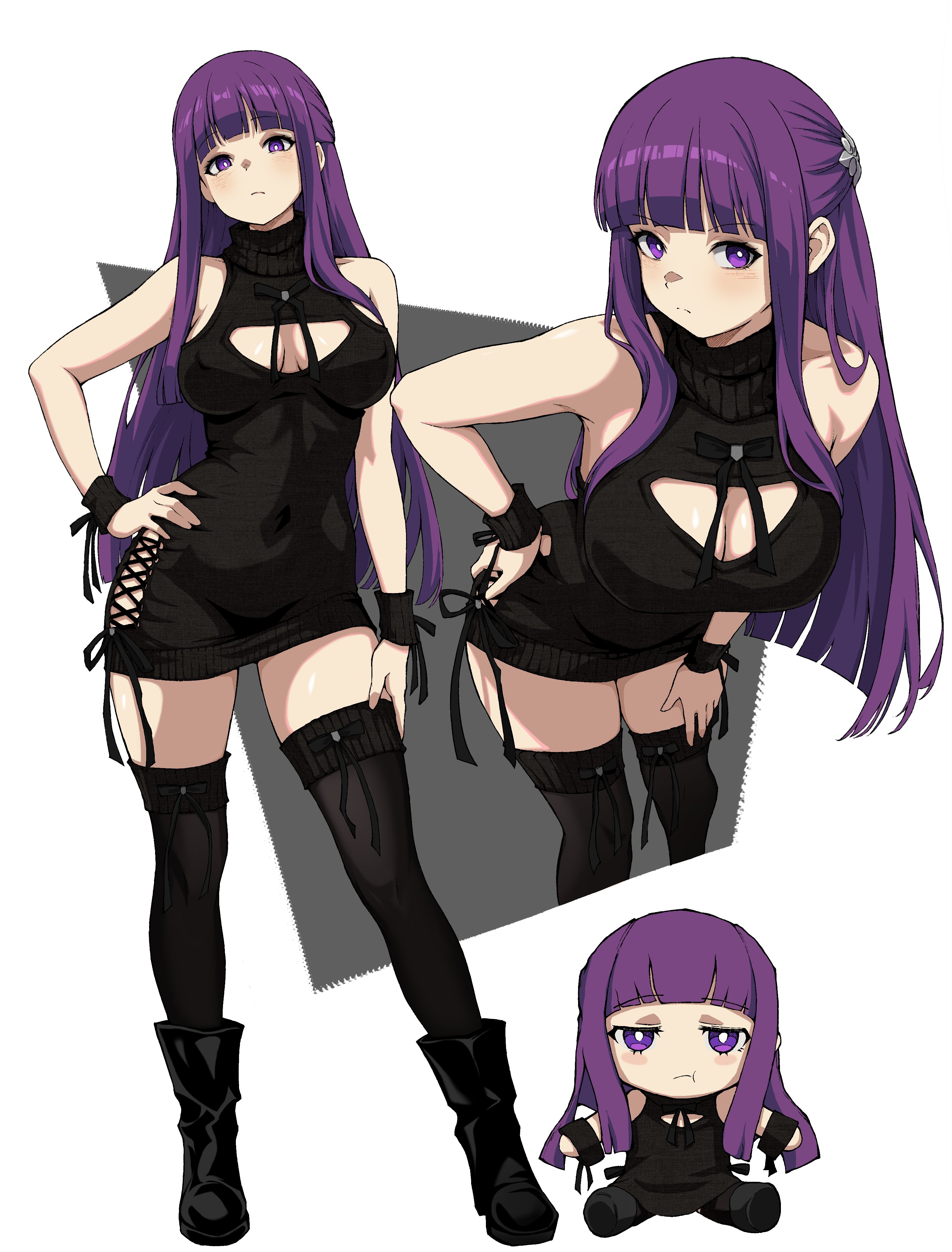 :t, 1girls, absurd res, absurdres, bare shoulders, black boots, black nails, black sweater, black thighhighs, boots, breasts, covered navel, disinterested, dress, emotionless, emotionless female, female, female only, femsub, fern (sousou no frieren), fully clothed, hand on own hip, highres, indifference, indifferent, kekel, large breasts, leaning forward, long hair, multiple views, oblivious, oblivious sexualization, pout, purple eyes, purple hair, simple background, sousou no frieren, stuffed toy, sweater, sweater dress, thighhighs, turtleneck, turtleneck sweater, unbothered, uncaring, unenthusiastic, utter domination, very long hair, watermark, white background