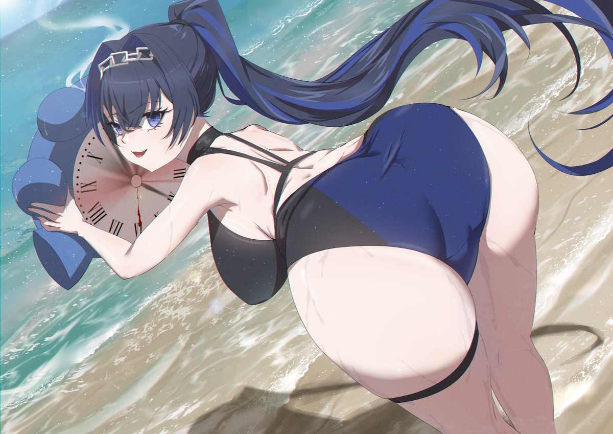 1girls, 2025, ass, ass focus, bent over, big ass, blue eyes, blue hair, breasts, dark hair, female, female only, hair intakes, hakuzi, hi res, high resolution, highres, hololive, hololive english, hololive english -council-, hololive english -promise-, huge ass, kronie (ouro kronii), large ass, large breasts, long hair, looking at viewer, massive ass, ouro kronii, ouro kronii (holonatsu paradise outfit), ponytail, sideboob, smile, solo, standing, swimsuit, tagme, virtual youtuber, water, wet