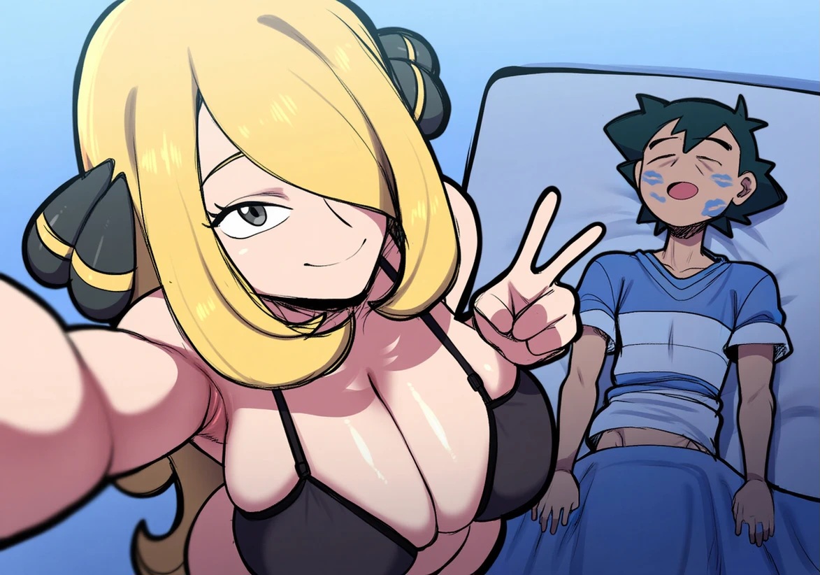 ai generated, ash ketchum, breasts, cynthia (pokemon), drained, female, huge breasts, kiss mark, looking at viewer, mullon, novelai, pokemon, pokemon dppt, satoshi (pokemon), selfie, voluptuous female