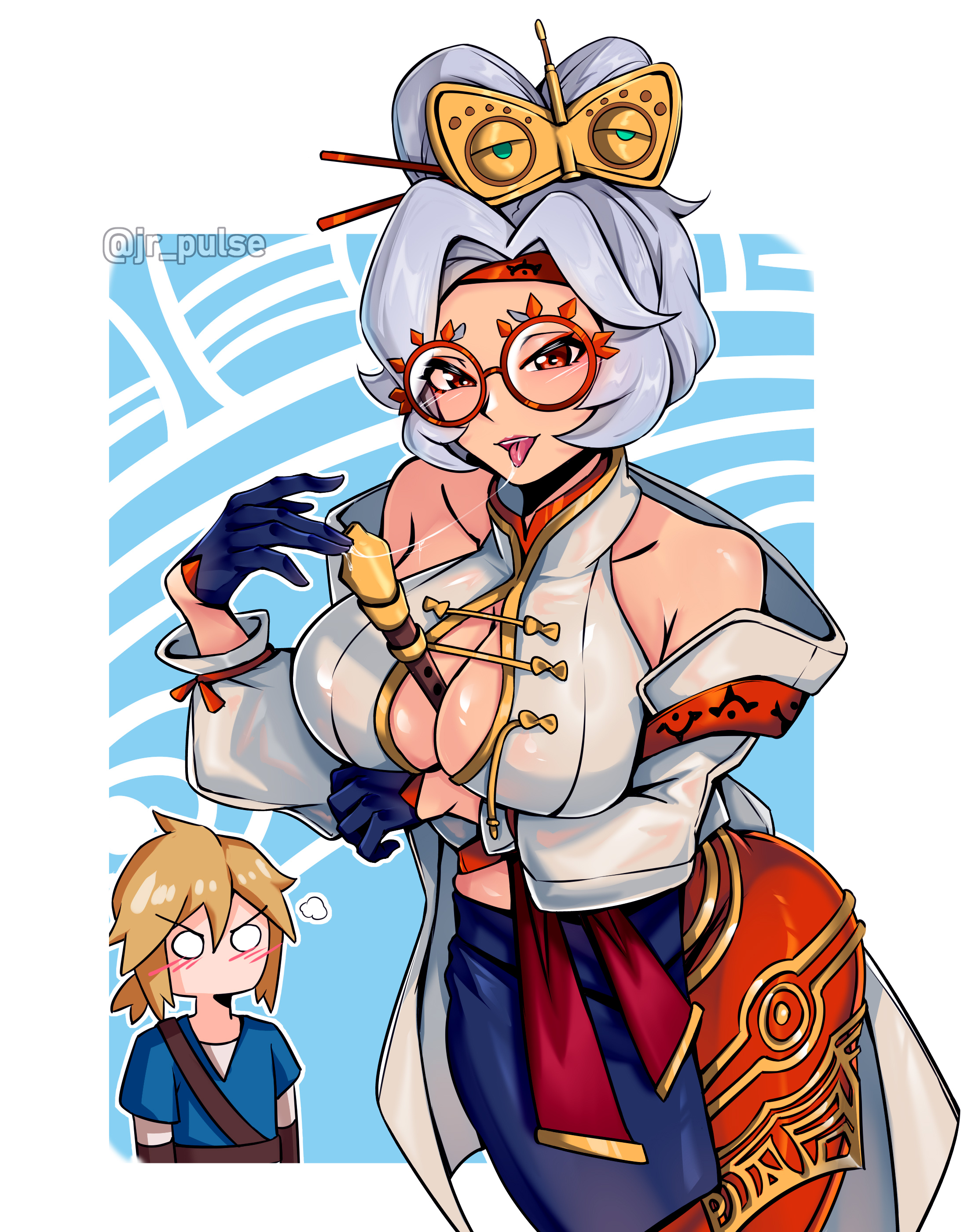 1boy, 1girls, absurdres, bare shoulders, between breasts, black gloves, blonde hair, blush, border, breasts, cleavage, collarbone, female, flute, glasses, gloves, grey hair, hair up, highres, instrument, jrpuls3, link, looking at viewer, male, mask, mask on head, nintendo, purah, red eyes, red-framed eyewear, round eyewear, saliva, saliva trail, short hair, tears of the kingdom, the legend of zelda, the legend of zelda: tears of the kingdom, tongue, tongue out, twitter username, white background, white border
