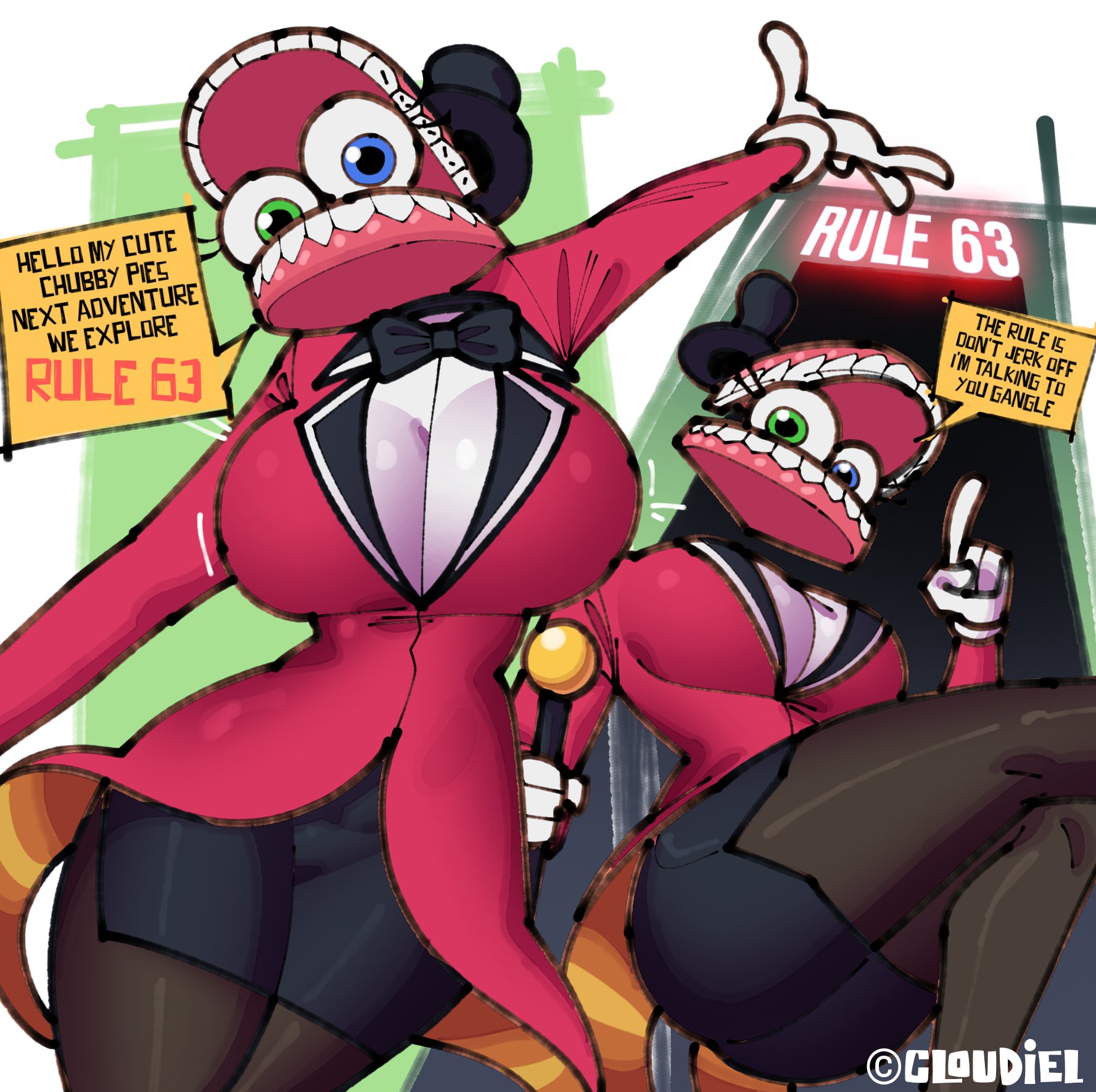 1girls, big breasts, bowtie, breasts, caine (the amazing digital circus), cleavage, cloudiel, dialogue, dialogue box, eyelashes, female, female caine, female only, glitch productions, heterochromia, ringmaster outfit, rule 63, solo, solo female, stockings, text, the amazing digital circus, thick thighs, thighs, tophat, watermark