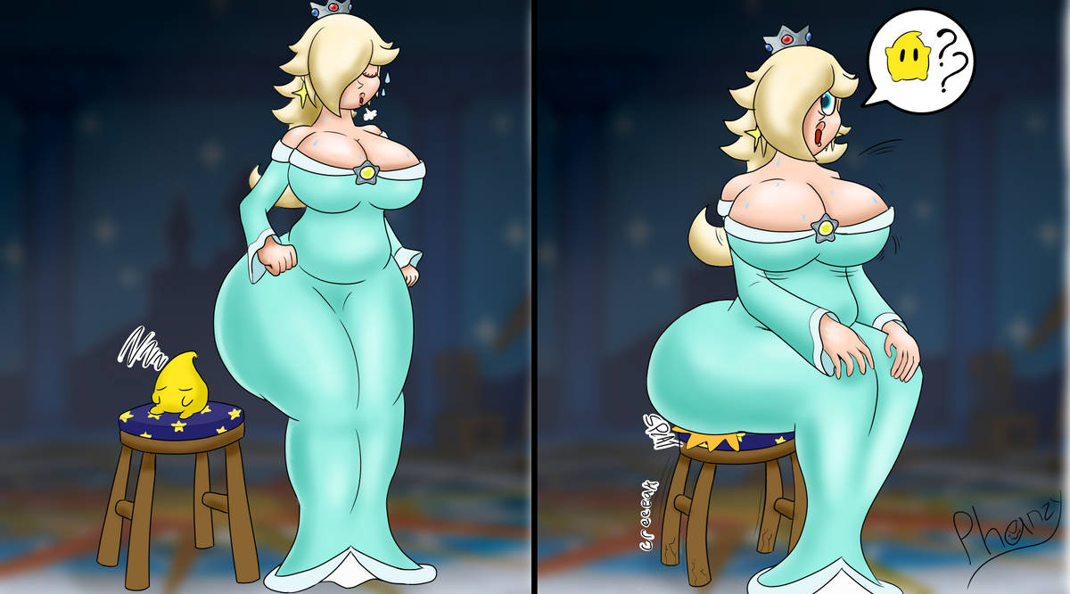 big ass, big breasts, breast jiggle, breasts, butt crush, female, huge ass, huge breasts, larger female, luma, mario (series), princess rosalina, resting, size difference, slightly chubby female, smaller ambiguous, stool cracking, thick thighs, unaware, unaware buttcrush, wide hips