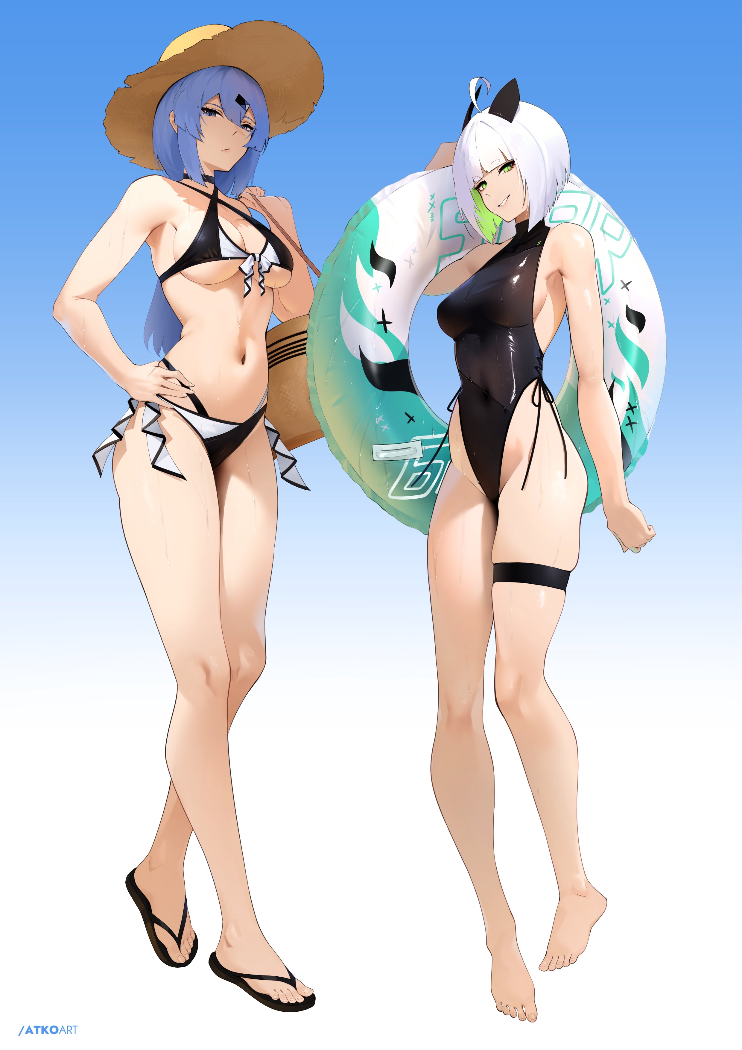 2girls, beach, bikini, eloise (the atko), female, female only, one-piece swimsuit, saki (theatko), tagme, the atko