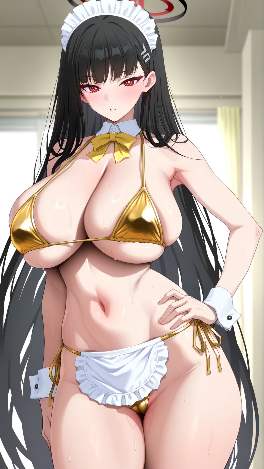 1girls, ai generated, armpits, bikini, black hair, blue archive, blush, breasts, female, golden bikini, halo, hips, huge breasts, light skin, light-skinned female, long hair, looking at viewer, navel, nikumist, red eyes, rio (blue archive), rio tsukatsuki (blue archive), sweat, sweatdrop, thick thighs, thighs, wide hips