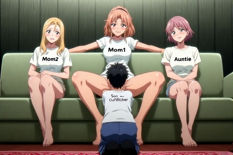 1boy, 3girls, ai generated, aunt, cunnilingus, family, female, femdom, incest, licking pussy, male, mother, mother and son, pussy, son