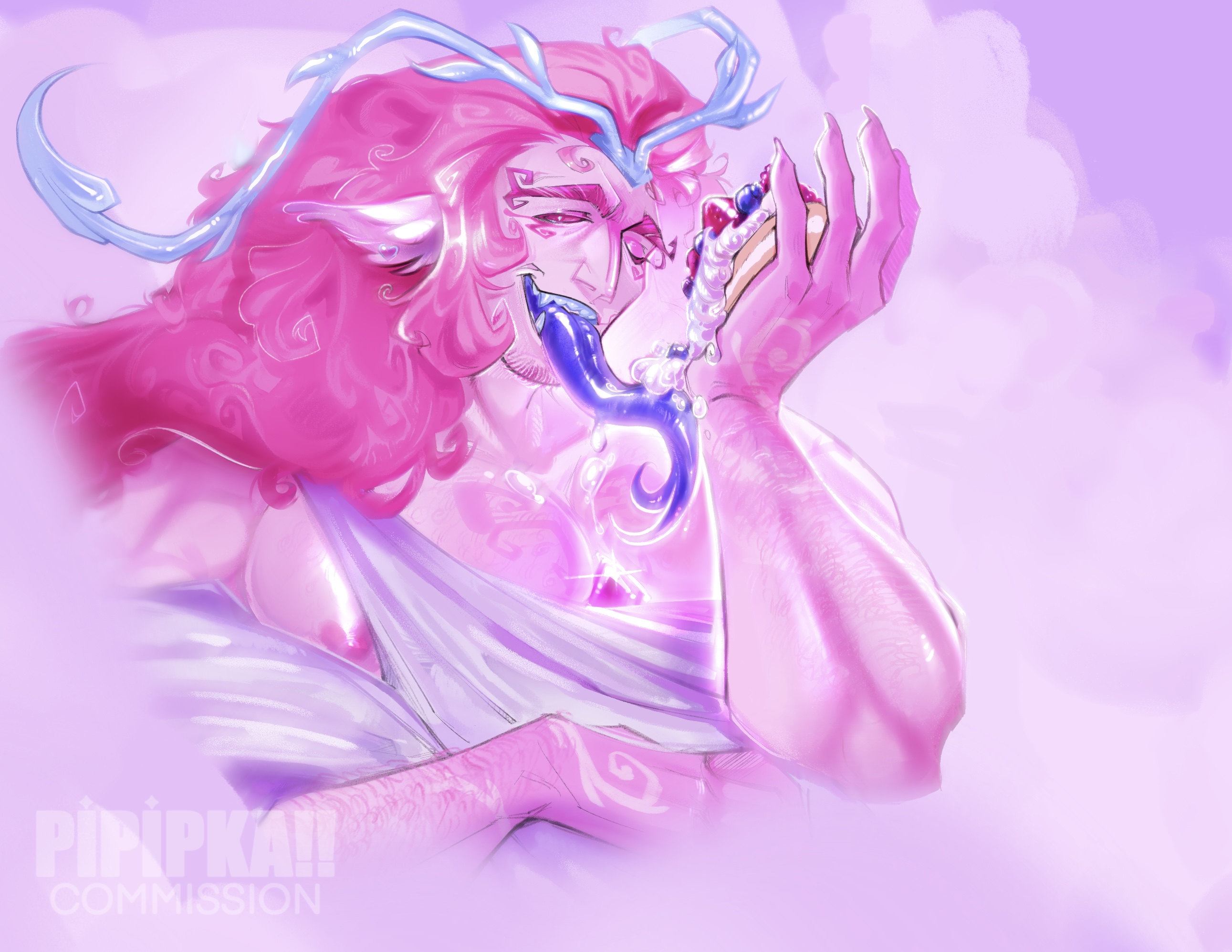 burning spice cookie, chest hair, chest tattoo, cloud, cookie run, cookie run kingdom, forked tongue, large pectorals, long tongue, male, muscular, muscular male, pink hair, pink nipples, pipipka, tattoos