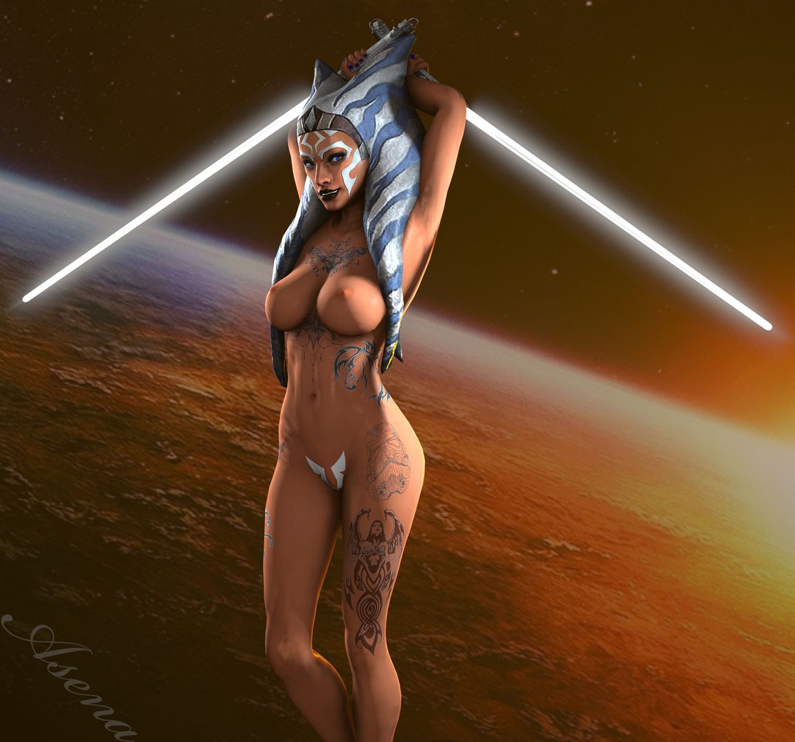 1girls ahsoka_tano armpits asenak_(artist) big_breasts black_lipstick blue_eyes breasts cleavage curvy detailed_background dual_wielding female female_only lightsaber naked nipples nude nude_female orange_skin pose solo star_wars star_wars_rebels tattoo tattoos togruta watermark wide_hips