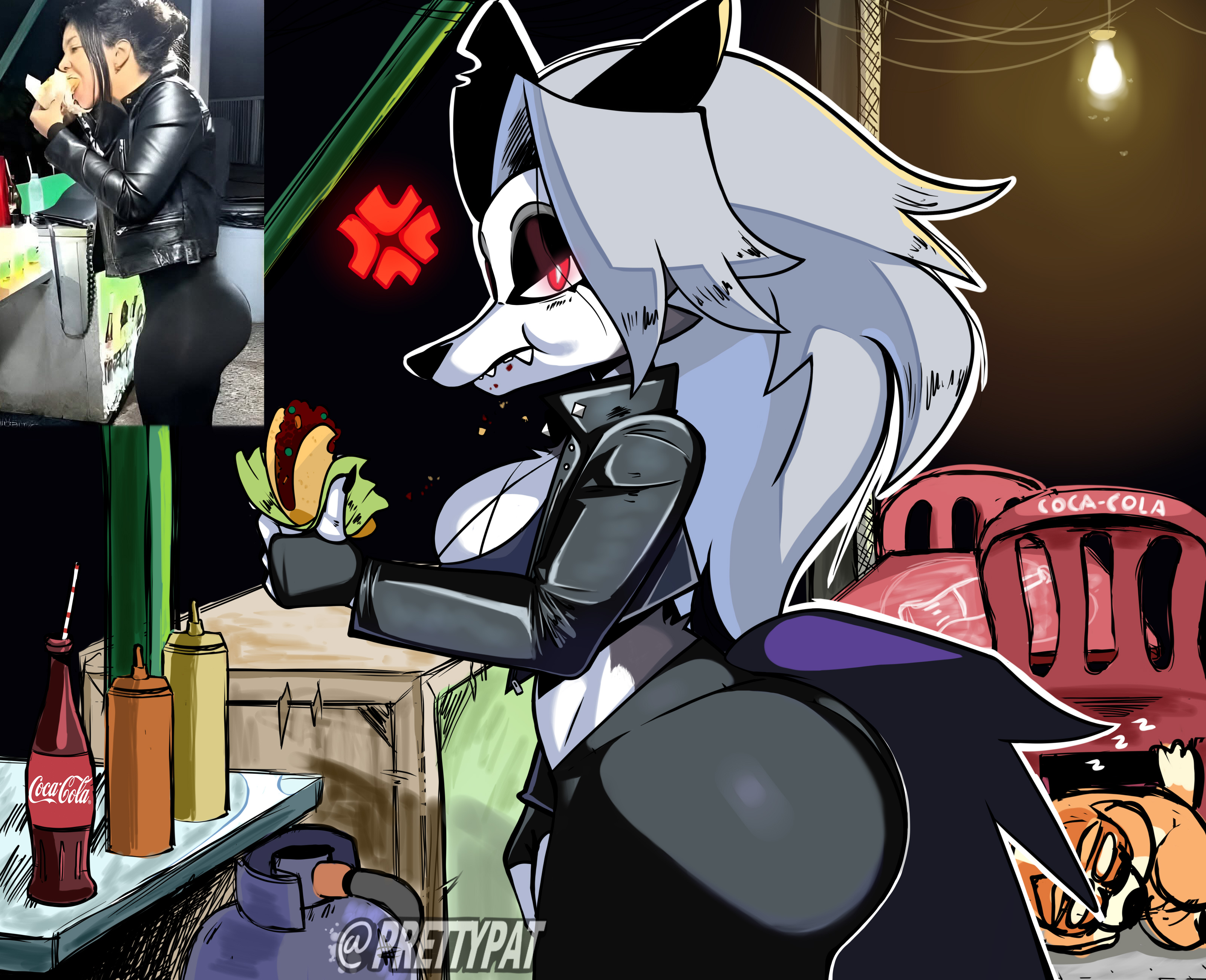 1girls, absurd res, angry, anthro, ass, big ass, big breasts, big butt, bottomwear, breasts, canid, canine, canis, clothed, clothing, coca-cola, crop top, demon, demon girl, domestic dog, ears, ears back, eating, fangs, female, fingerless gloves, food, fur, furniture, furry, gas tank, gloves, goth, goth girl, grey fur, grey hair, hair, handwear, hellaverse, hellhound, helluva boss, hi res, jacket, la tiapat, leather, leather clothing, leather jacket, leather topwear, long hair, looking at viewer, loona (helluva boss), mammal, pants, photo reference, pivoted ears, red eyes, reference image, shirt, solo, table, taco, tail, teeth, thick thighs, topwear, two-tone body, two-tone fur, white body, white fur, wolf, wolf girl, yoga pants