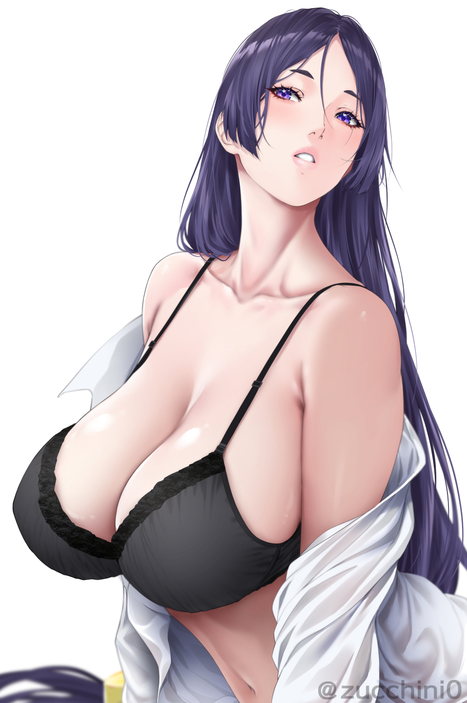 1girls, big breasts, black bra, bra, breast focus, breasts, cleavage, fate (series), fate/grand order, female, female only, hair, huge breasts, light-skinned female, lips, long hair, mature, mature female, mature woman, milf, minamoto no raikou (fate/grand order), open shirt, parted lips, purple eyes, purple hair, shirt, solo, solo female, topwear, upper body, white shirt, zucchini