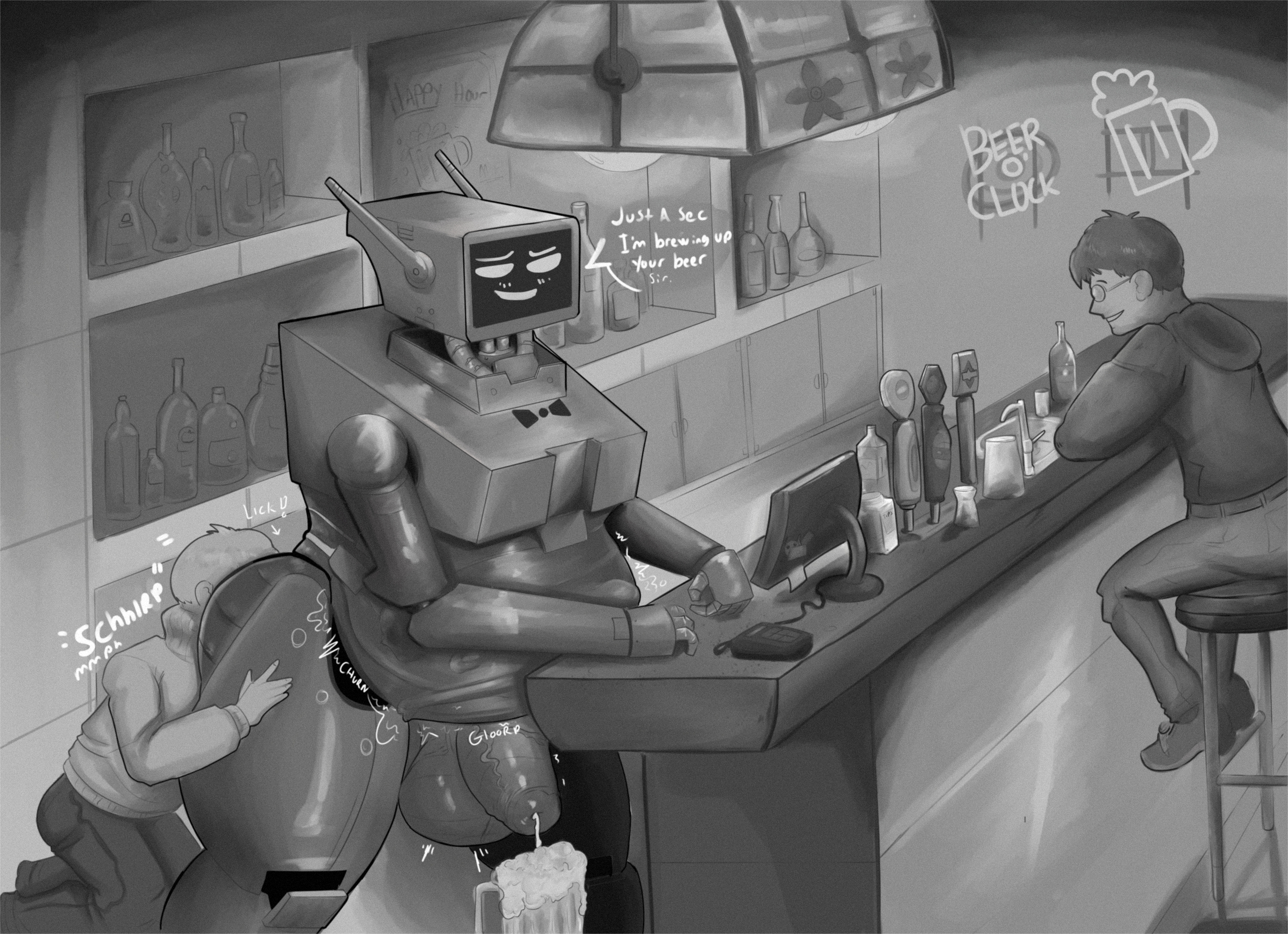 android, bar, bartender, beer, beer bottle, beer mug, bones in stomach, cum, cum dripping from penis, cum in glass, death, digested prey, digestion, digestion noises, faceless male, fatal vore, femboy on male, greyscale, guts, human, humanoid, jaymesvore, male, male only, penis, rimjob, rimming, rimming male, robot, robot humanoid, robot on human, robot penis, screenface, smug face, vore, vore belly