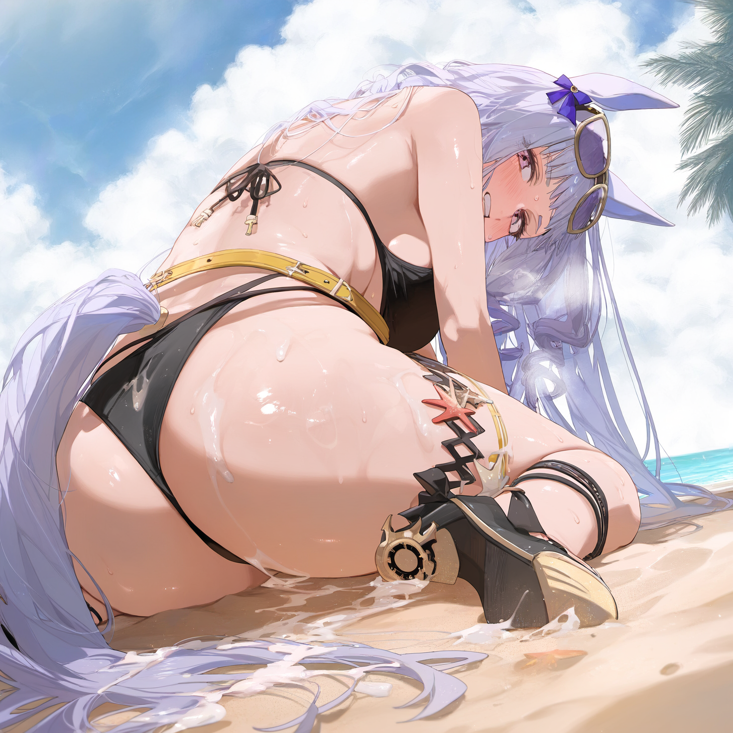 ai generated, animal ears, ear muffs, female, gold ship (adventure of 564) (umamusume), gold ship (umamusume), horse girl, long hair, looking back at viewer, pink eyes, ribbon in hair, silver hair, umamusume, umamusume pretty derby