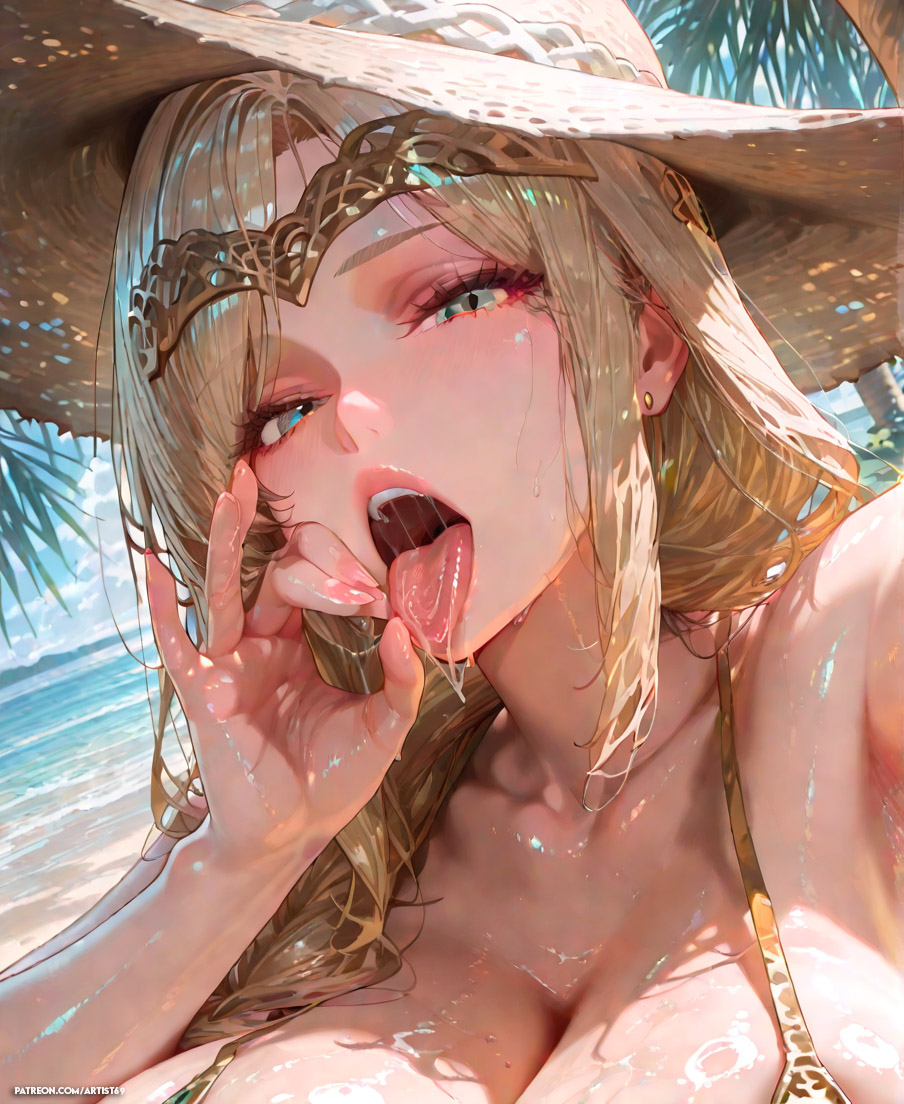 1girls, ai generated, artist69, ass, beach, big ass, big breasts, blonde female, blonde hair, blush, breasts, circlet, elden ring, female, female only, fromsoftware, hat, huge ass, huge breasts, light-skinned female, lipstick, long hair, patreon username, queen marika the eternal, solo, thick thighs, tongue, tongue out, wide hips, yellow eyes