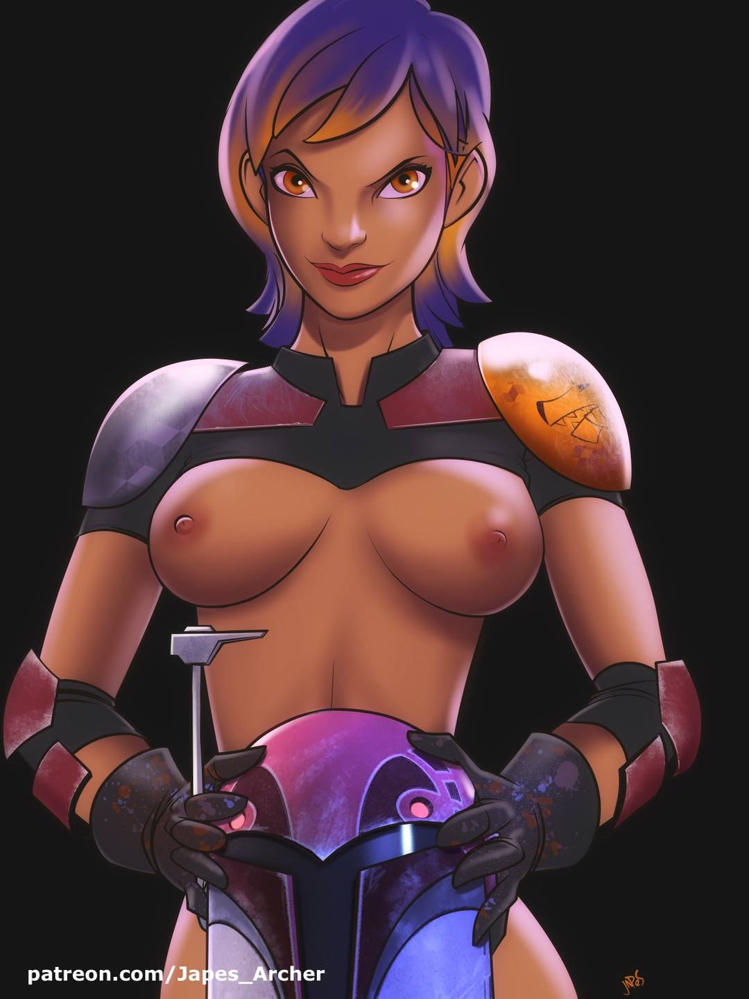 armor, black background, breasts, colored hair, dyed hair, dyed-hair, female, female focus, female only, gloves, helmet, helmet removed, japes, mask, orange hair, partially clothed, purple hair, sabine wren, simple background, smile, smiling, smirk, solo, solo female, standing, star wars, star wars rebels, text, violet hair