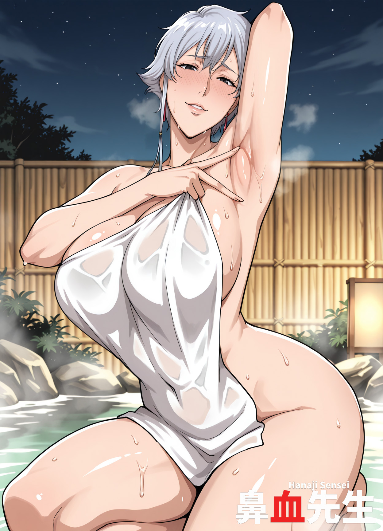 1girls, ai generated, armpit fetish, armpits, ass, bath, bleach, bleach: the thousand-year blood war, breasts, curvy, female, female only, hanajisensei, huge ass, huge breasts, kotetsu isane, light-skinned female, mature, mature female, mature woman, milf, naked towel, onsen, solo, spread armpit, thick thighs, towel, wet, white hair, 鼻血先生