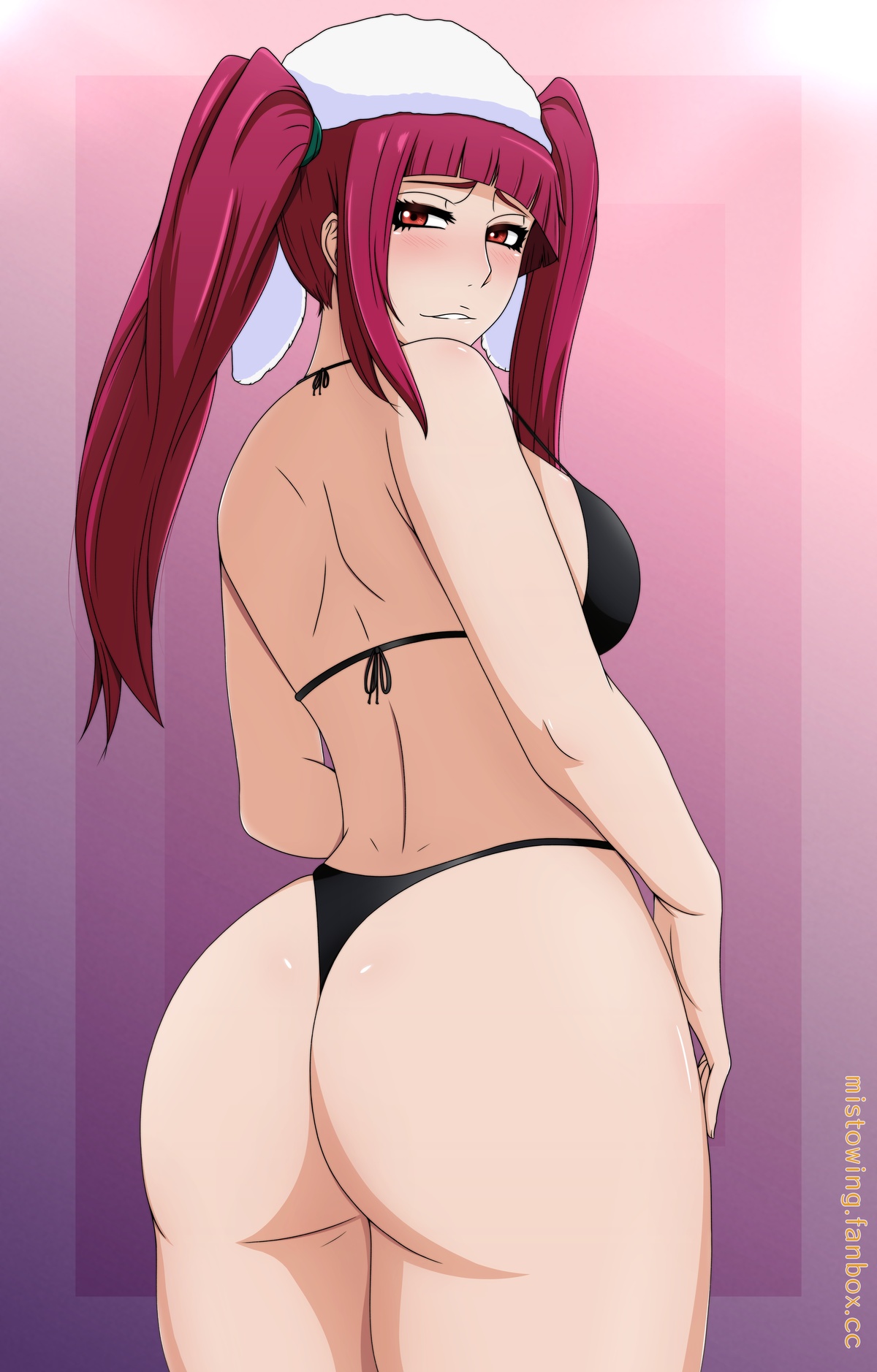 1girls, ass, back view, big ass, big breasts, bikini, biting lip, black thong, bleach, blush, breasts, dokugamine riruka, female, female only, headwear, long hair, looking at viewer, looking back, magenta eyes, magenta hair, matching hair/eyes, mistowing, swimsuit, thong, thong bikini, tied hair, twintails, upper body