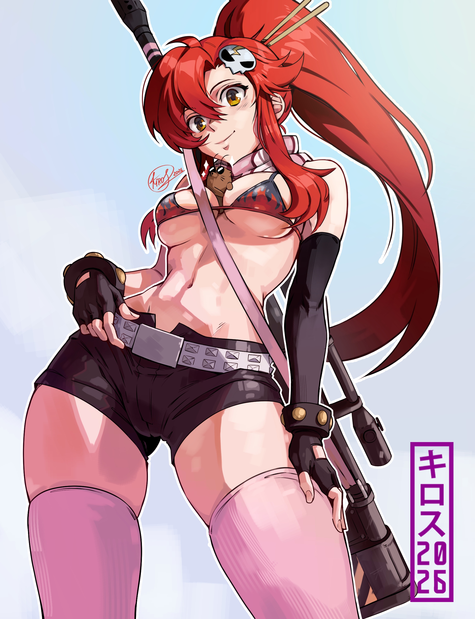 1girls, 2026, 2d, 2d (artwork), anti-materiel rifle, artist name, belt, bikini, breasts, dynamic pose, female, female only, gun, kirostemple, long hair, navel, ponytail, red hair, sexy, shorts, simple background, smile, sniper, sniper rifle, solo, solo female, tengen toppa gurren lagann, thighhighs, weapon, white background, yellow eyes, yoko littner