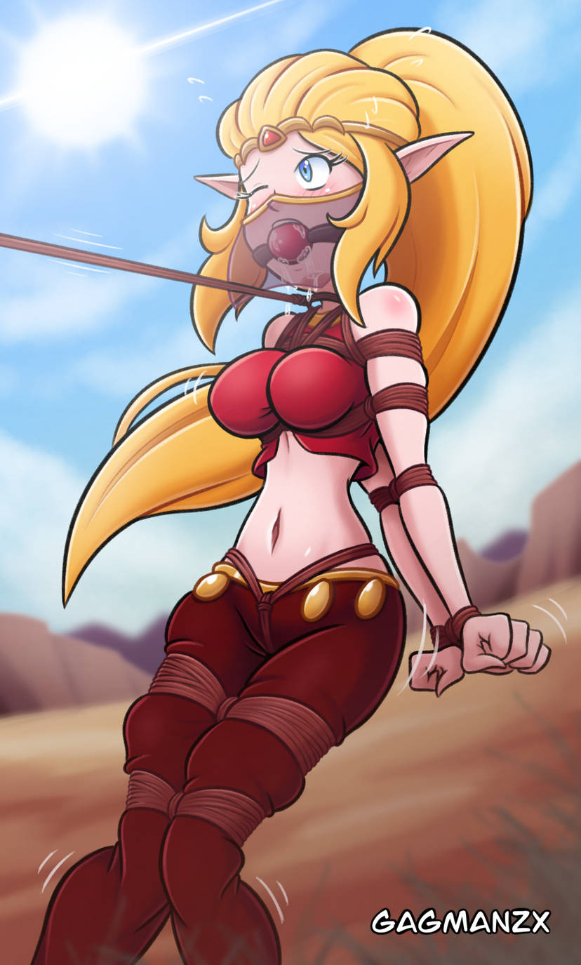 1girls, ball gag, blonde hair, blue eyes, bondage, bound arms, bound legs, bound wrists, breasts, captured, captured heroine, crotch rope, dancer outfit, defeated, defeated heroine, echoes of wisdom, female, gag, gagmanzx, harem outfit, kidnapped, leash, nintendo, princess zelda, restrained, rope between breasts, slave, slave girl, teenage female, teenager, the legend of zelda, veil, zelda (echoes of wisdom)
