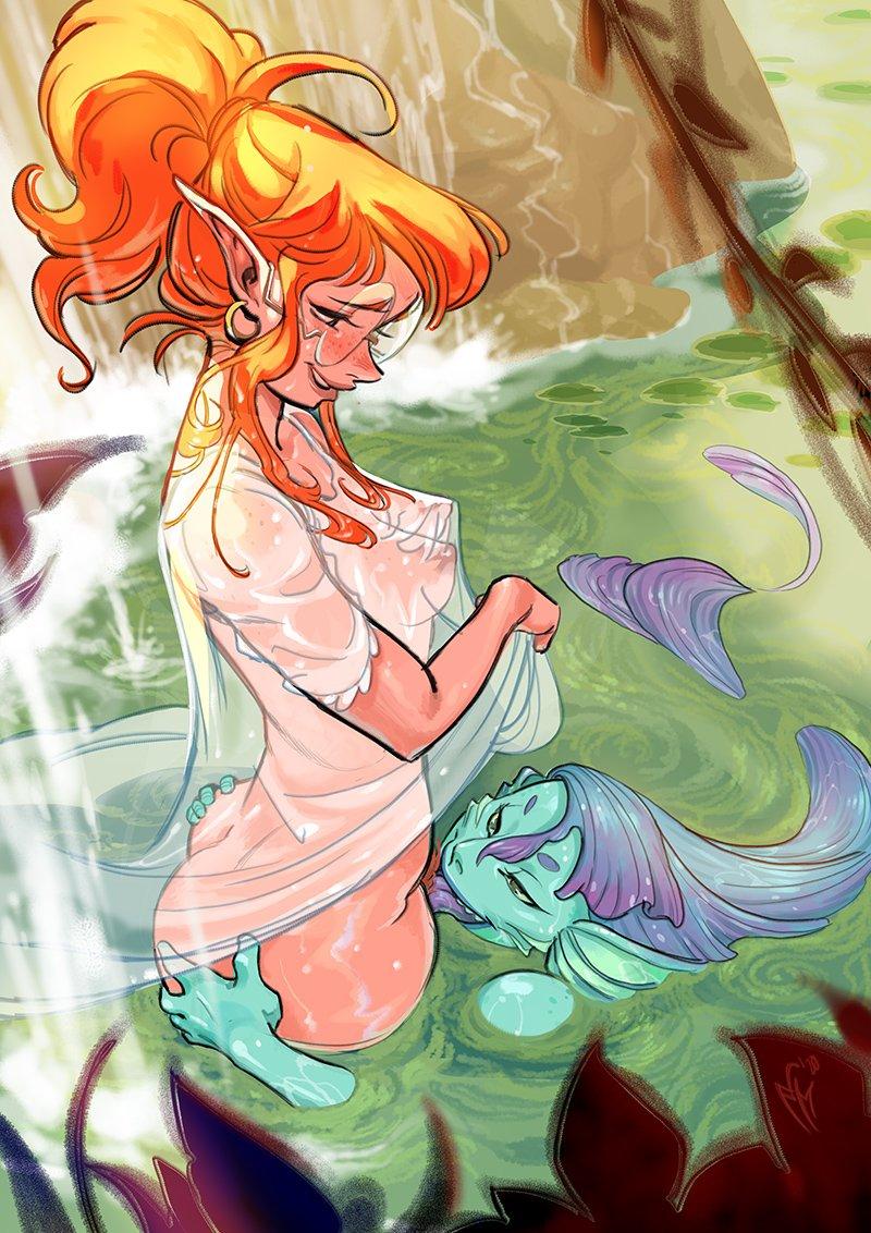 androgynous, ass, blue hair, blue tongue, blush, clothing, coffeedungeon, cunnilingus, dress, earrings, female, glasses, green skin, lake, long tongue, merfolk, mermaid, monster, oral sex, orange hair, pointy ears, ponytail, pubic hair, thick thighs, transparent clothing, waterfall, wet, wet clothes