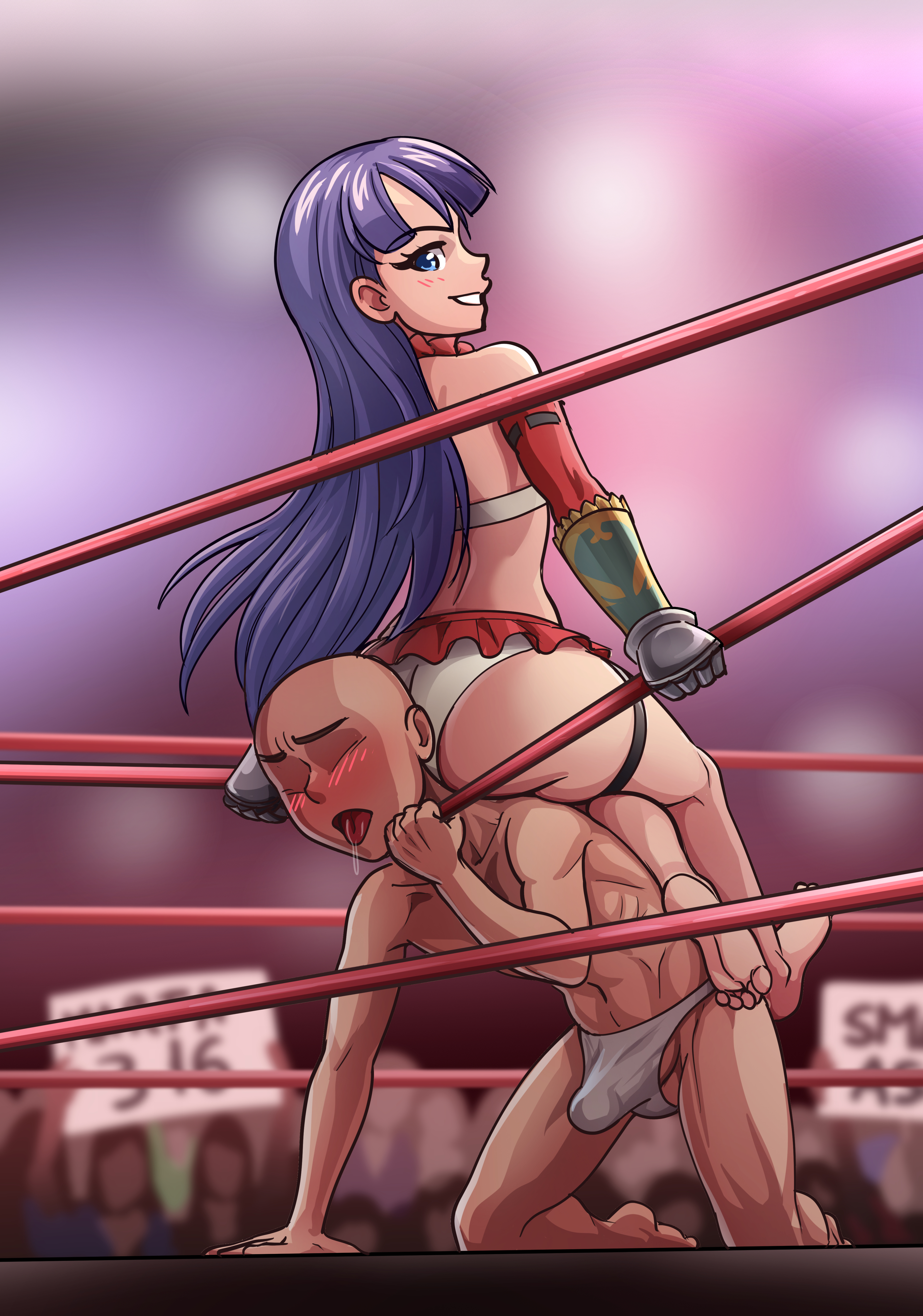 1boy, 1boy1girl, 1girls, anonymous male, asphyxiation, ass, audience, background crowd, bald, bald male, barefoot, big ass, bikini, blue eyes, blush, blushing male, choking, clothed, clothed female, clothed male, commission, commission art, commissioner upload, cuuki0, drool, drooling, erection, erection under clothes, erection under speedo, faceless male, fate (series), fate/grand order, feet, female, femdom, gauntlets, grabbing, holding rope, kneeling, large penis, long hair, looking at partner, looking back, male, male ryona, open mouth, penis, purple hair, rope, sadistic smile, saint martha, saint martha (swimsuit ruler), sign, sitting, sitting on person, smile, smiling at partner, speedo, speedo only, strangling, submissive male, swimsuit, tagme, tongue, tongue out, wrestling, wrestling briefs, wrestling match, wrestling ring, wrestling ropes
