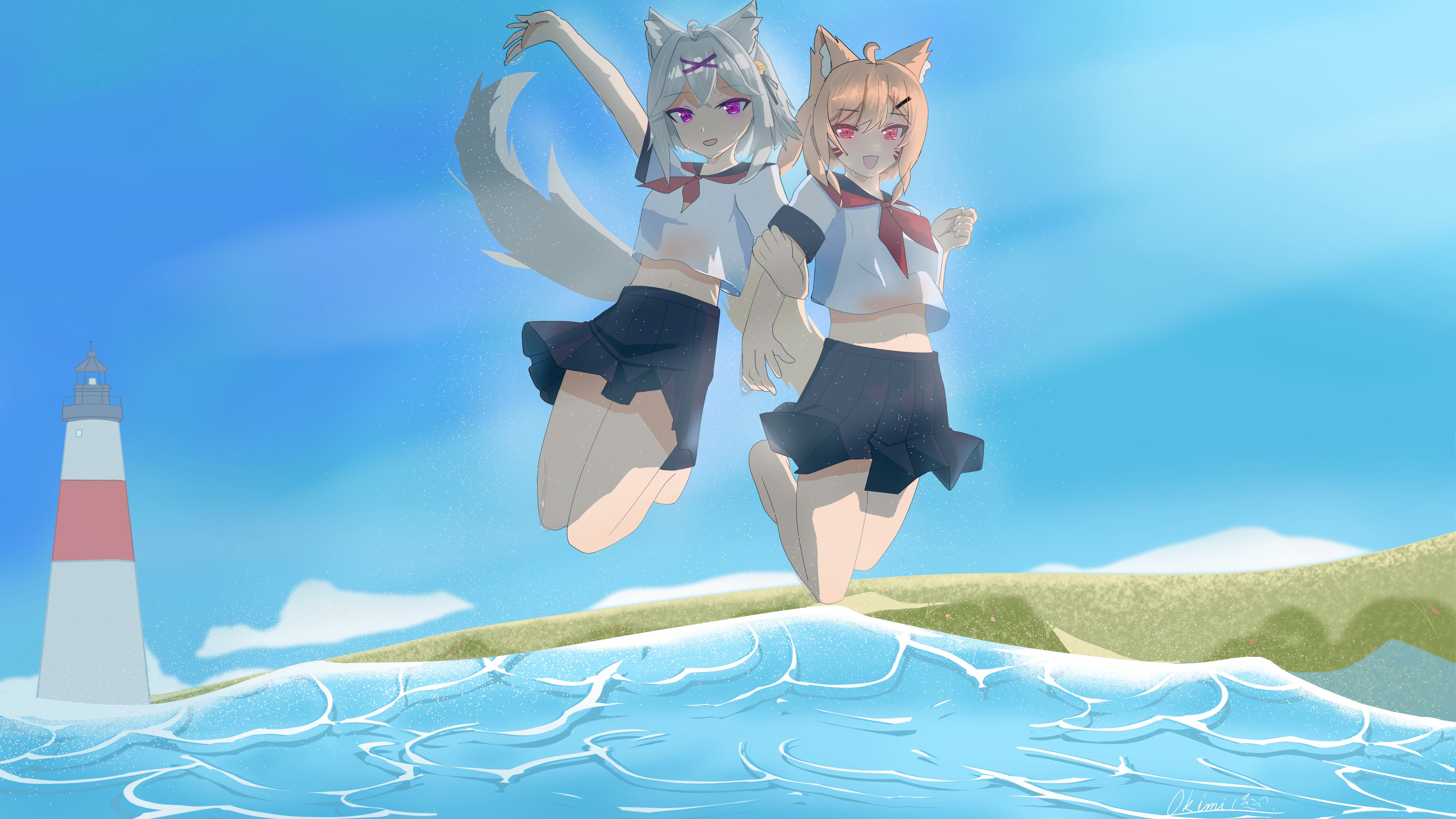 2girls, animal ear fluff, animal ears, bangs, barefoot, beach, black skirt, blonde hair, blue sky, cloud, crop top, day, eyebrows visible through hair, female, filian, filian (vtuber), hair ornament, horizon, indie virtual youtuber, long hair, midriff, multiple females, multiple girls, navel, ocean, open mouth, outdoors, pleated skirt, purple eyes, red eyes, red neckwear, rindo (vrchat), sailor collar, serafuku, shirt, short sleeves, skirt, sky, smile, squchan (vtuber), tail, virtual youtuber, vrchat, vyugen, wading, water, waves, white shirt
