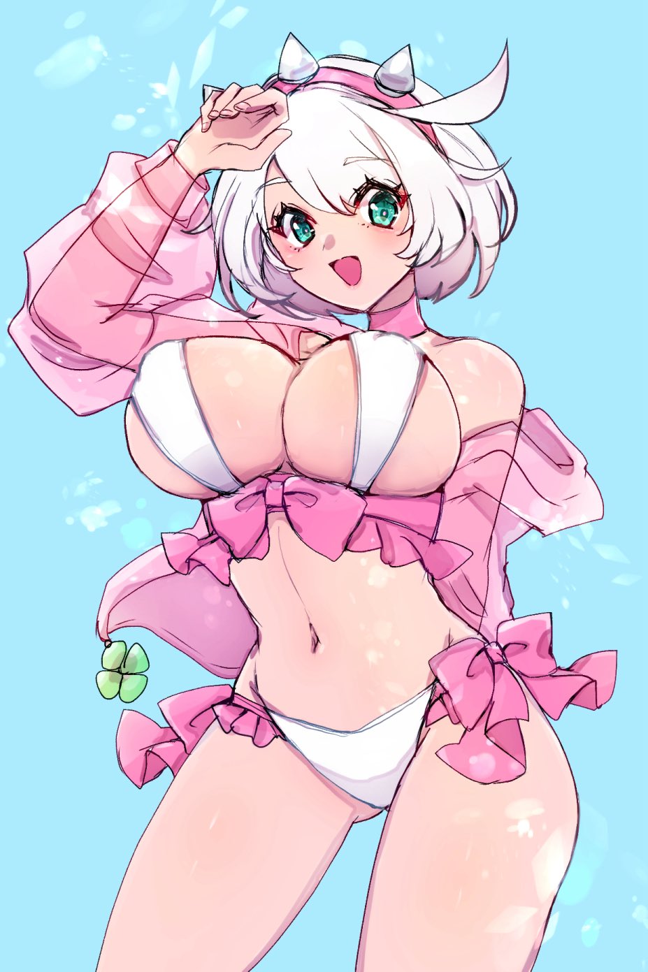 :d, 1girls, ahoge, aqua eyes, arm behind back, bare shoulders, bikini, blue background, blush, breasts, chemaru (a8l), choker, cleavage, clover, contrapposto, covered erect nipples, elphelt valentine, female, four-leaf clover, frilled dress, gluteal fold, grey hair, groin, guilty gear, guilty gear strive, hairband, hand on head, highres, huge ahoge, large breasts, looking at viewer, navel, open mouth, pink choker, pink ribbon, revealing clothes, ribbon, see-through clothes, see-through sleeves, short hair, simple background, solo, spiked hairband, spikes, swimsuit, thick thighs, thighs, usachess maru, white bikini, wide hips