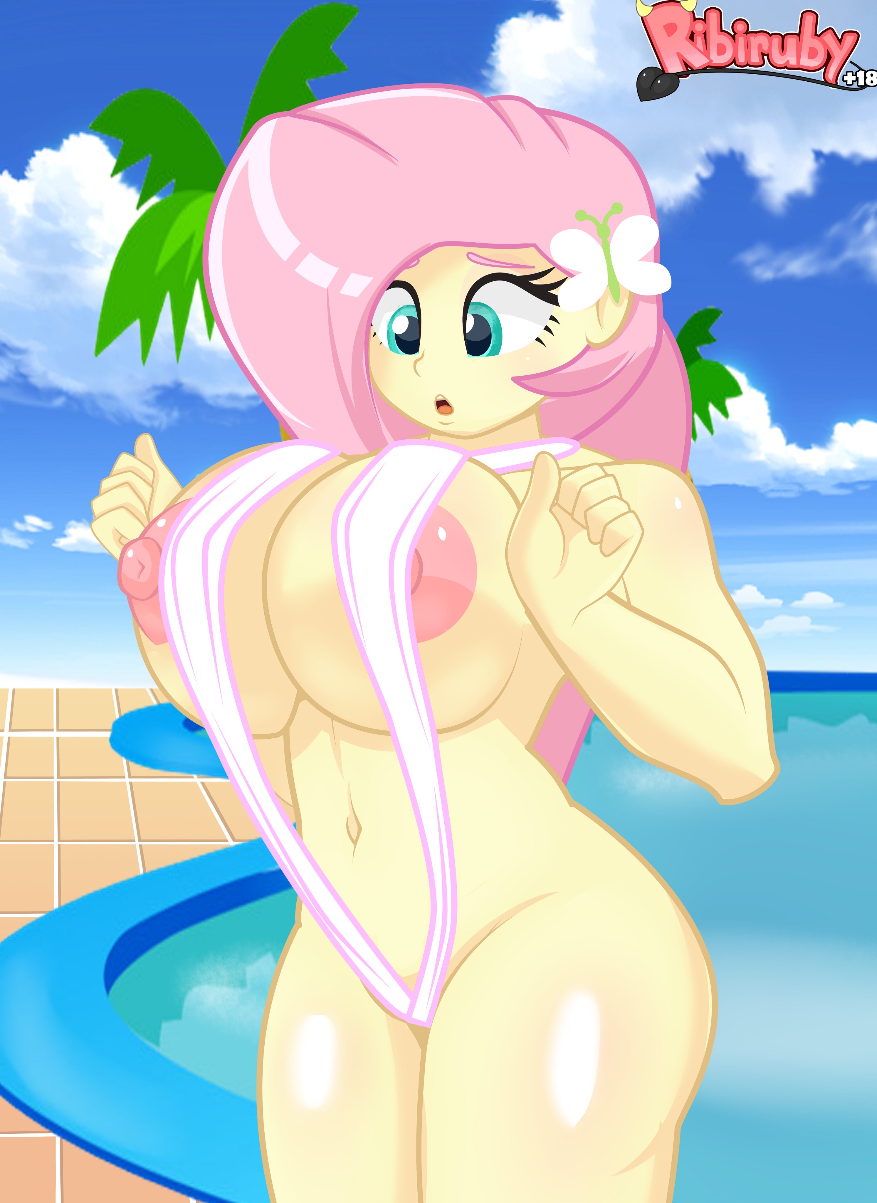 1girls, areolae, big breasts, bikini, breasts, equestria girls, female, female only, fluttershy (eg), fluttershy (mlp), hasbro, hi res, highres, huge breasts, large areolae, large breasts, my little pony, navel, nipples, open mouth, ribiruby, sling bikini, solo, solo female, straight hair, swimming pool, swimsuit, swimwear, thick, thighs