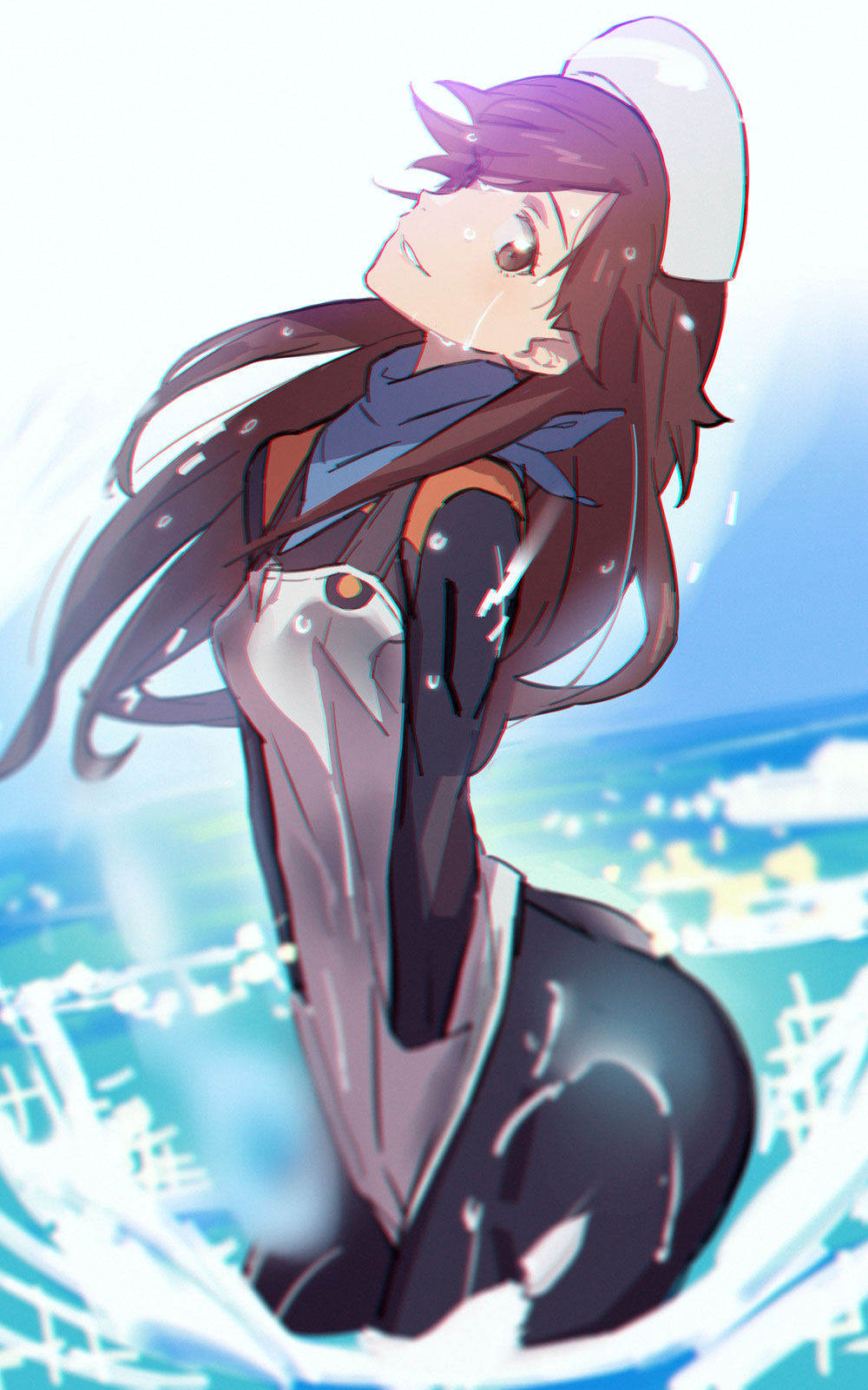 1girls, az210309 (artist), black bodysuit, black plugsuit, brown eyes, brown hair, brunette female, bubble ass, curvaceous female, dat ass need more r34, evangelion: 3.0+1.0 thrice upon a time, fanart, female, gainax, good artwork, hat, hidden hands, huge ass, japanese female, large hair, nature background, neon genesis evangelion, no underwear, nurse, ocean background, outdoors, rebuild of evangelion, round ass, sakura suzuhara, scarf, skindentation, skintight bodysuit, wet body