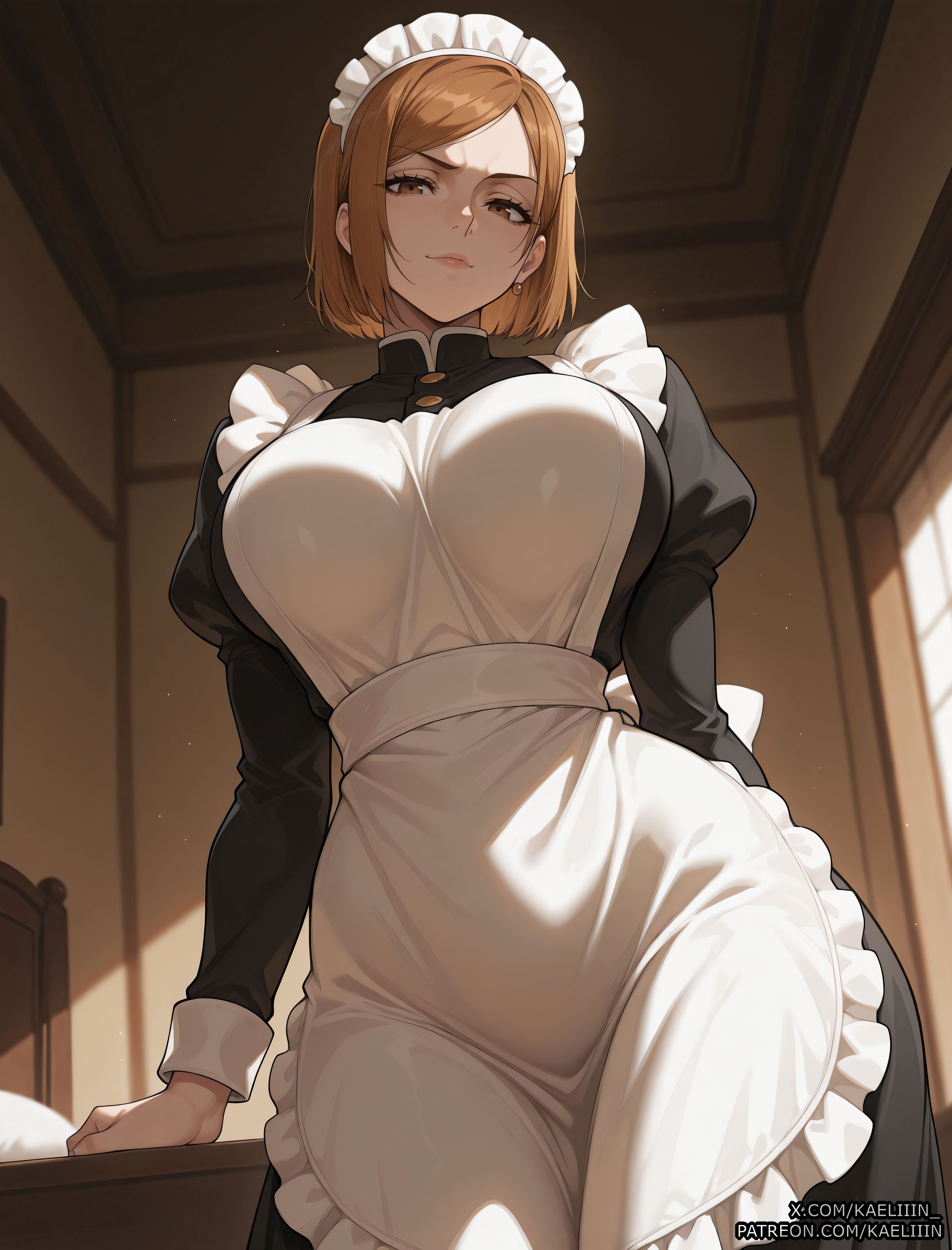 1girls, ai assisted, ai generated, anime, anime style, big ass, big breasts, breasts, clitoris, curvaceous, curvaceous body, curvaceous female, curvaceous figure, female, female only, fit female, ginger, hourglass figure, huge ass, huge breasts, jujutsu kaisen, kaeliiin, kugisaki nobara, maid, maid apron, maid headdress, maid outfit, maid uniform, nobara kugisaki, orange hair, pussy, red hair, shiny, solo, uncensored, vagina, voluptuous, voluptuous female, waifu diffusion