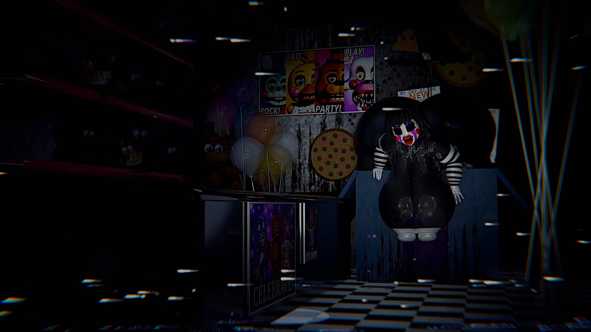 1girls, 3d, 3d (artwork), ass, black body, black hair, breasts, female, five nights at freddy's, five nights at freddy's 2, fnaf, hips, huge ass, hyper, hyper ass, large breasts, marionette (fnaf), no eyes, puppet (fnaf), puppet (thepuppetlover), red lips, red lipstick, slugcats (artist), solo, spread legs, stripes, tagme, thick thighs, white face