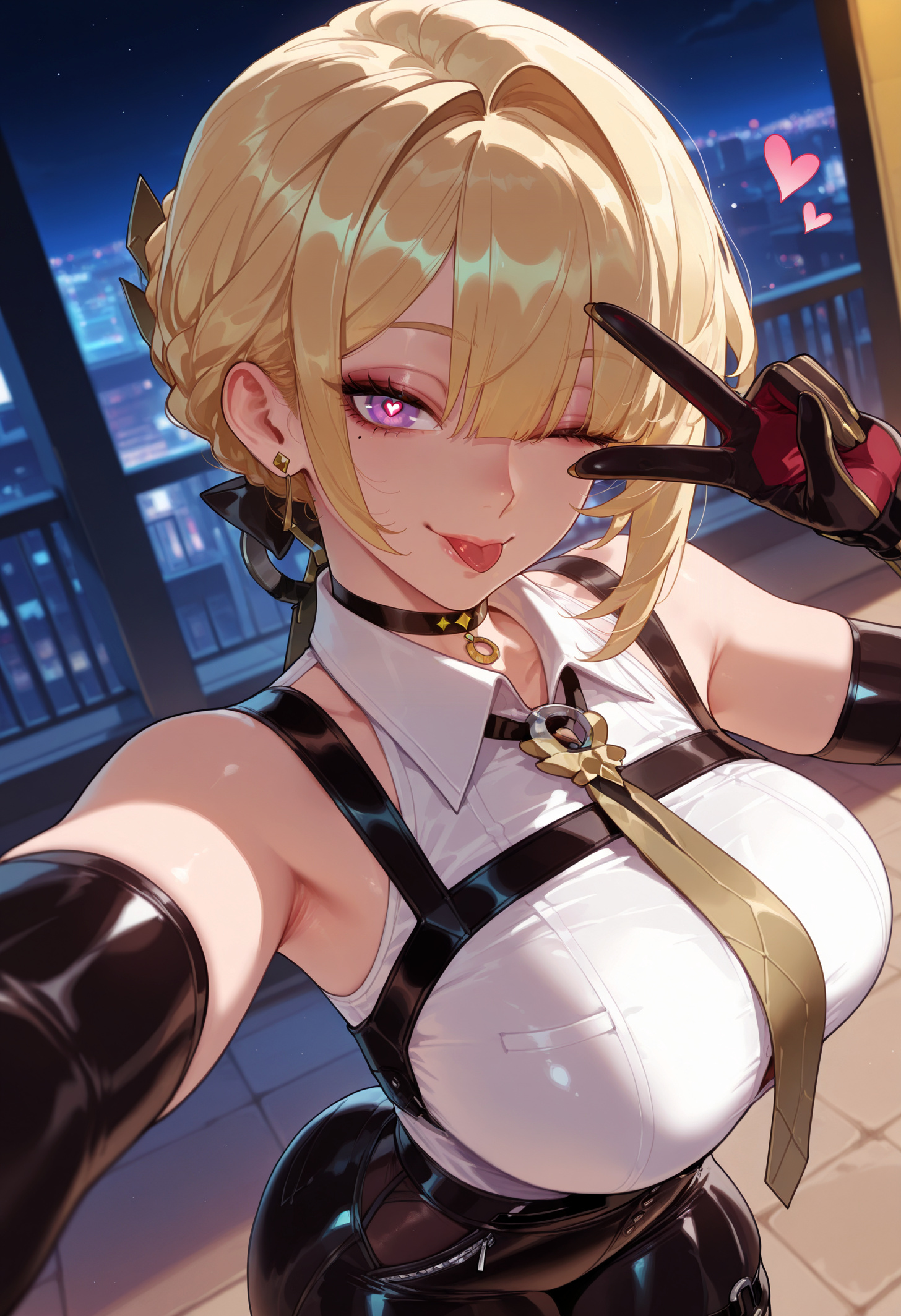 1girls, ai generated, armpits, balecxi, bangs, bare shoulders, black choker, black gloves, black legwear, black pants, blonde hair, blush, breasts, choker, closed mouth, clothing, collared shirt, curvaceous, curvaceous female, curvaceous figure, curvy, curvy figure, earrings, elbow gloves, evelyn chevalier, female, female focus, female only, fingerless gloves, gloves, heart, heart-shaped pupils, jewelry, large breasts, legwear, lips, looking at viewer, makeup, mole, mole under eye, necktie, night, night sky, one eye closed, pants, pantyhose, purple eyes, selfie, shirt, short hair, sky, sleeveless, sleeveless shirt, smile, solo, star (sky), symbol-shaped pupils, thighhighs, thighs, tongue, tongue out, v, v over eye, voluptuous, voluptuous female, white shirt, zenless zone zero